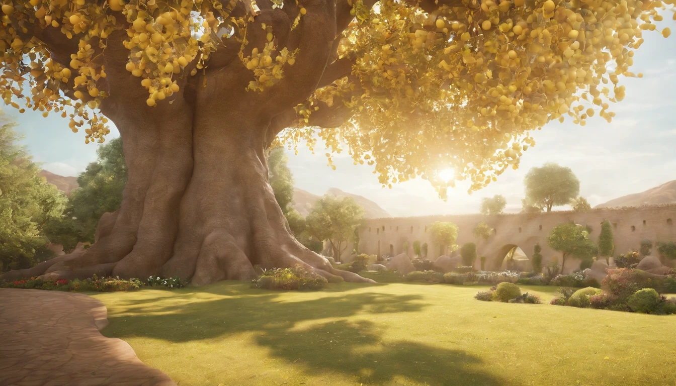 a pixa Disney cartoon cover of biblical times; the tree of life in the middle of a very beautiful garden, with golden fruits, no roads just a tree in the middle, 3D, animation film, animated film still, rendered in corona, epic illumination.