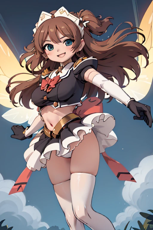 (HD, Sharp), 1 girl, Super Glossy Skin, (fluttering skirt, skirt lift, white underwear:1.2), Big breast, kind smile, pov, reaching hands towards viewer, outstretched arms, sweetlip, black outfit, navel, white thighhighs, gloves