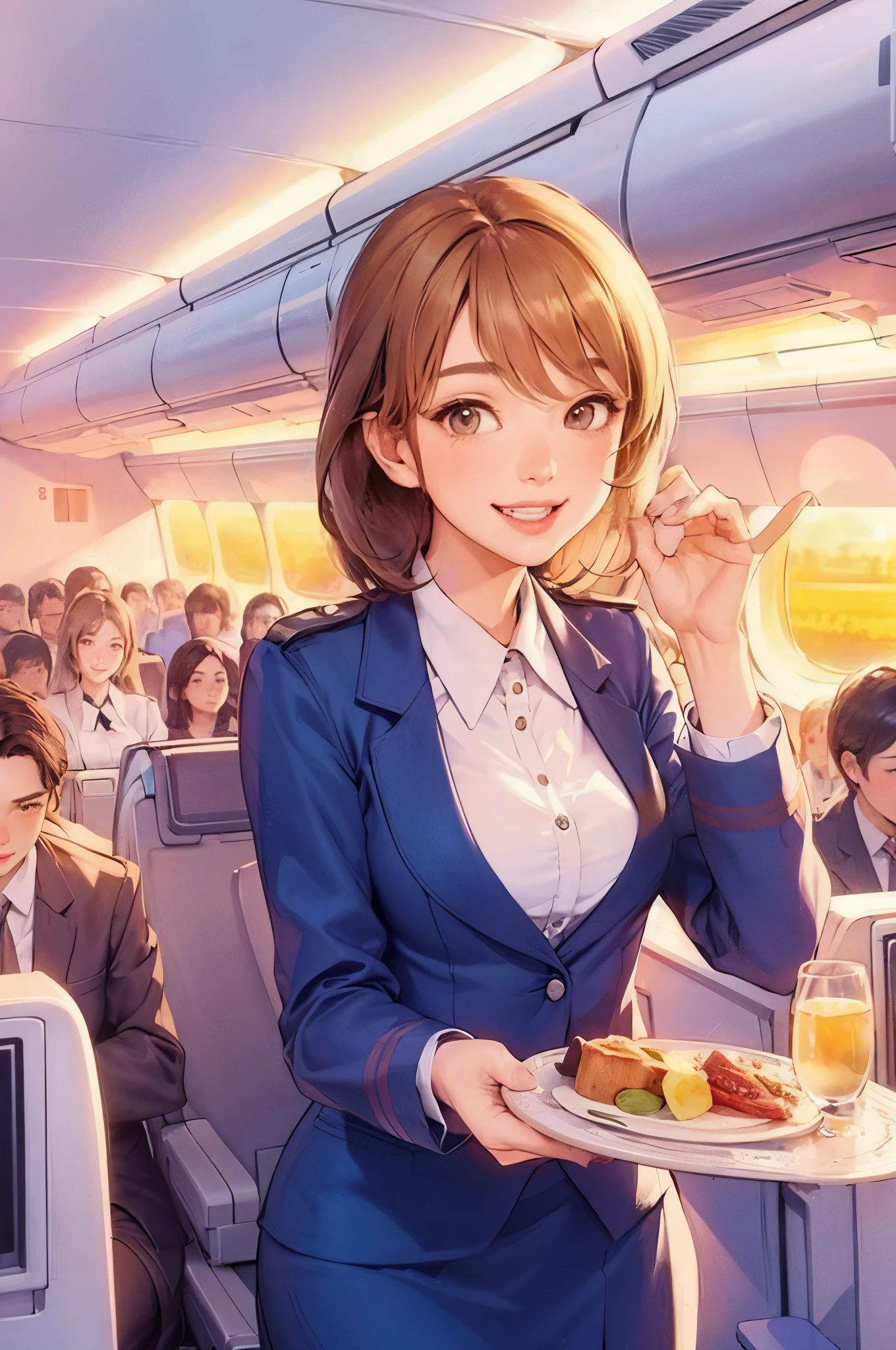 1lady standing, stewardess, (stewardess uniform), mature female, /(brown hair/) bangs, blush happy smile teeth, (masterpiece best quality:1.2) ultra-detailed, large breasts BREAK /(airplane seat/) indoors