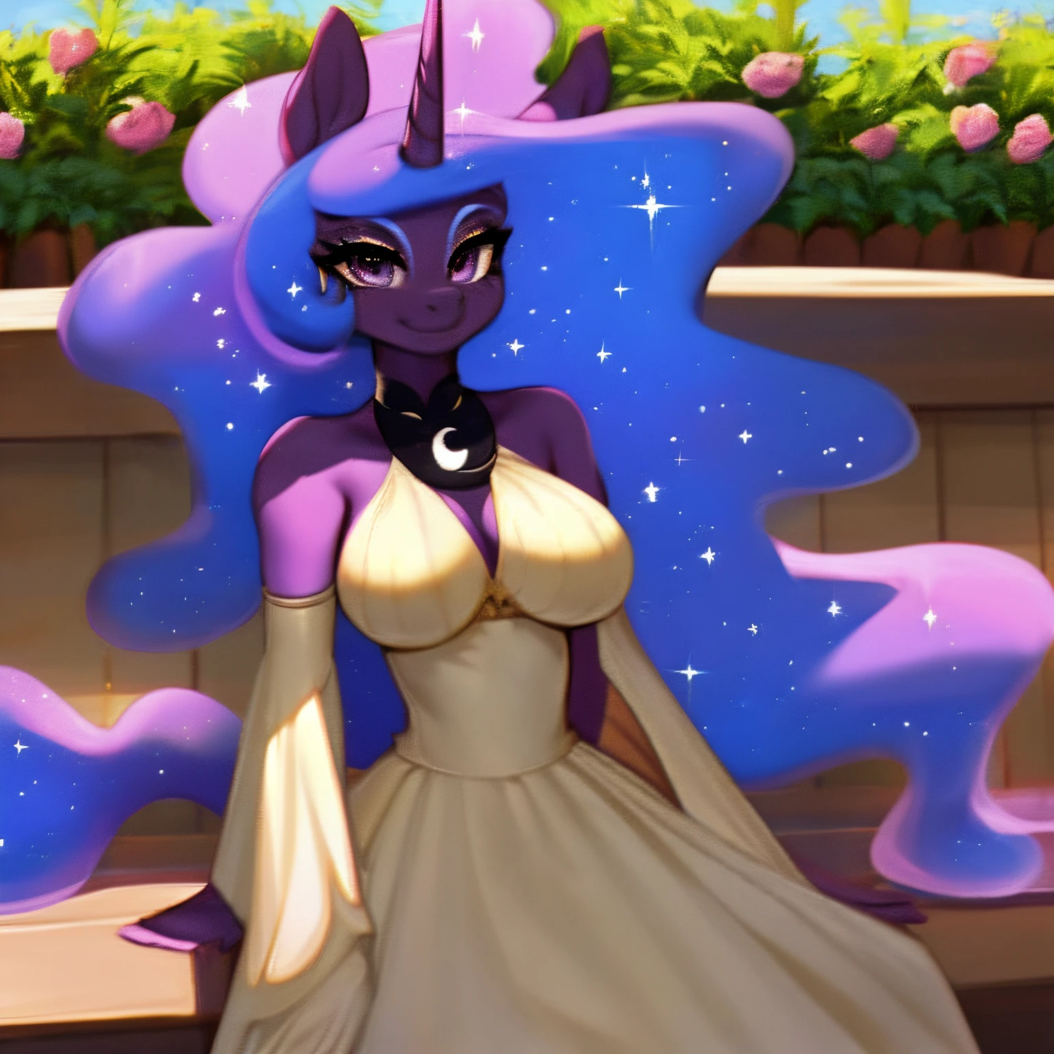 Best quality, perfect face, naked body, nude body, Only one girl with long PURPLE hair. golden eyes, deep and energetic. She is topless, bottomless, fully nude, fully naked, big ass, big tits, exposed breasts, naked breasts, exposed nipples, exposed legs, exposed genitalia, shiny skin, background garden in the night. Full body