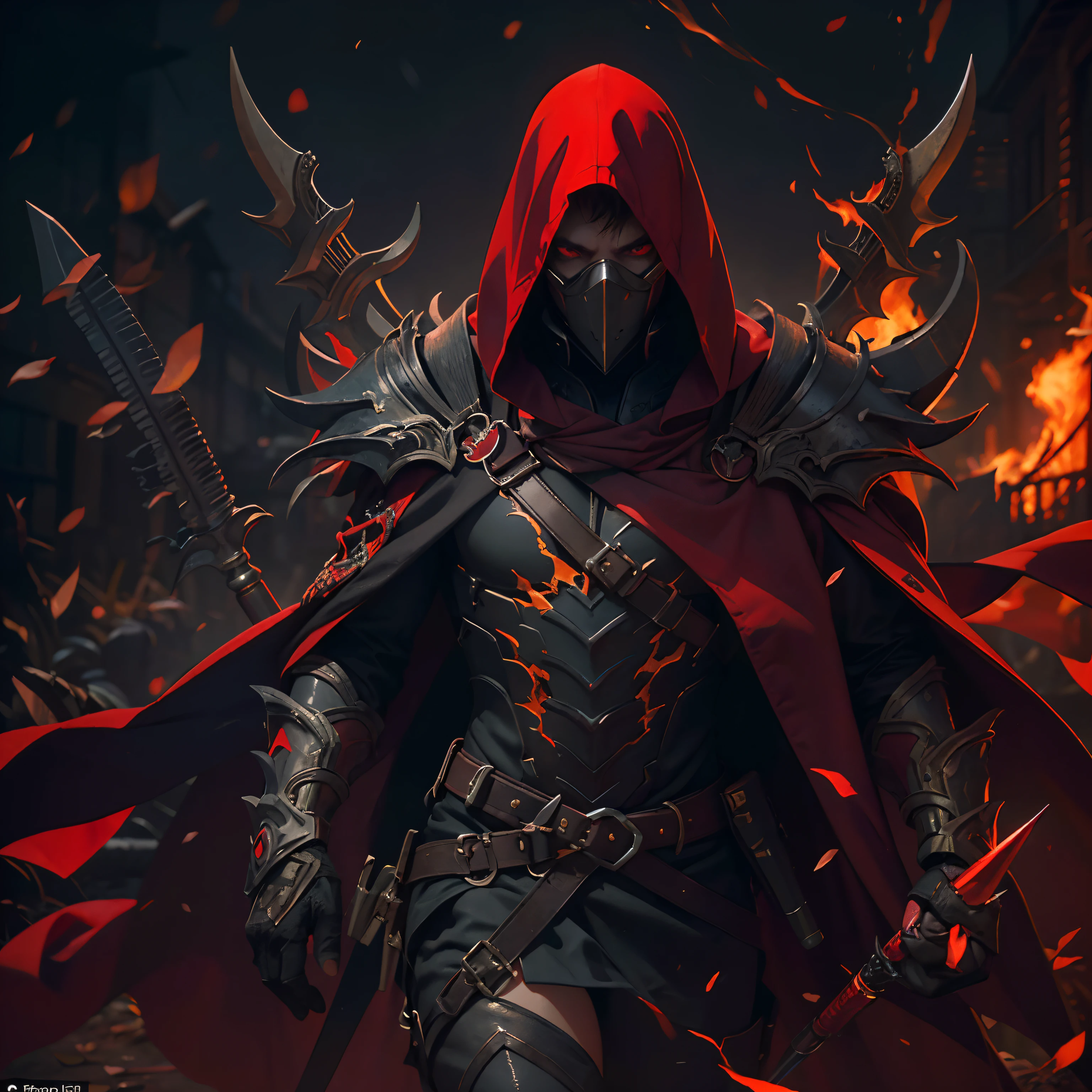(Ultra-detailed CG unified 8k paper, main part, Best quality at best, depth of fields, HighDynamicRange, iintricate), tall, Evil dark assassin wearing metal mask,Eyes bright red,Available in dark and light armor,Wearing a discreet red cloak behind,Holding a sharp dagger in his arms,Walking in a burning village, (iintricate: 1.4) (main part: 1.4) (illustratio: 1.4), red studio lighting, Post-processing, 8K分辨率, deep dark background, Momentum, Well-composed photos, impressionistic, dark fantacy (The director is: Greg Rutkoski: 1.2), (by Darken: 1.5)