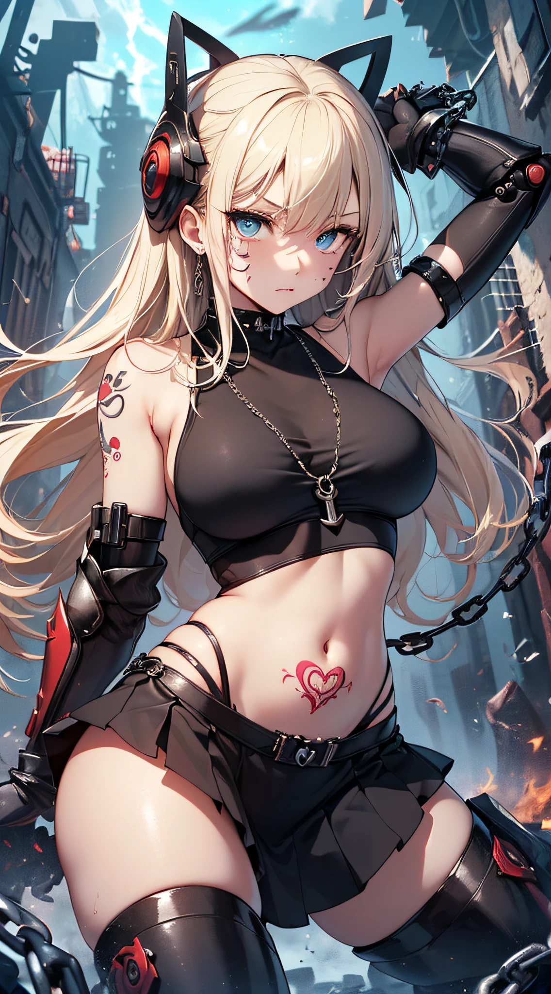 top-quality、Top image quality、masterpiece、girl with((Black Bikini、Black Mechanical Armor、、teen ager、cute lit Bust、big bast,Beautiful light blue eyes、Breasts wide open, a blond、A slender,Large valleys、belligerent movements,Warlike face、Navel Tank Top、mechanical short skirt、anchor chain、chain、Holding a chainsaw、red heart tattoo on cheek、dye one's cheeks red、fighting poses)),hiquality、Beautiful Art、Background with((universes)))、Depth((black hole)),masutepiece、depth of fields,Cinematic style