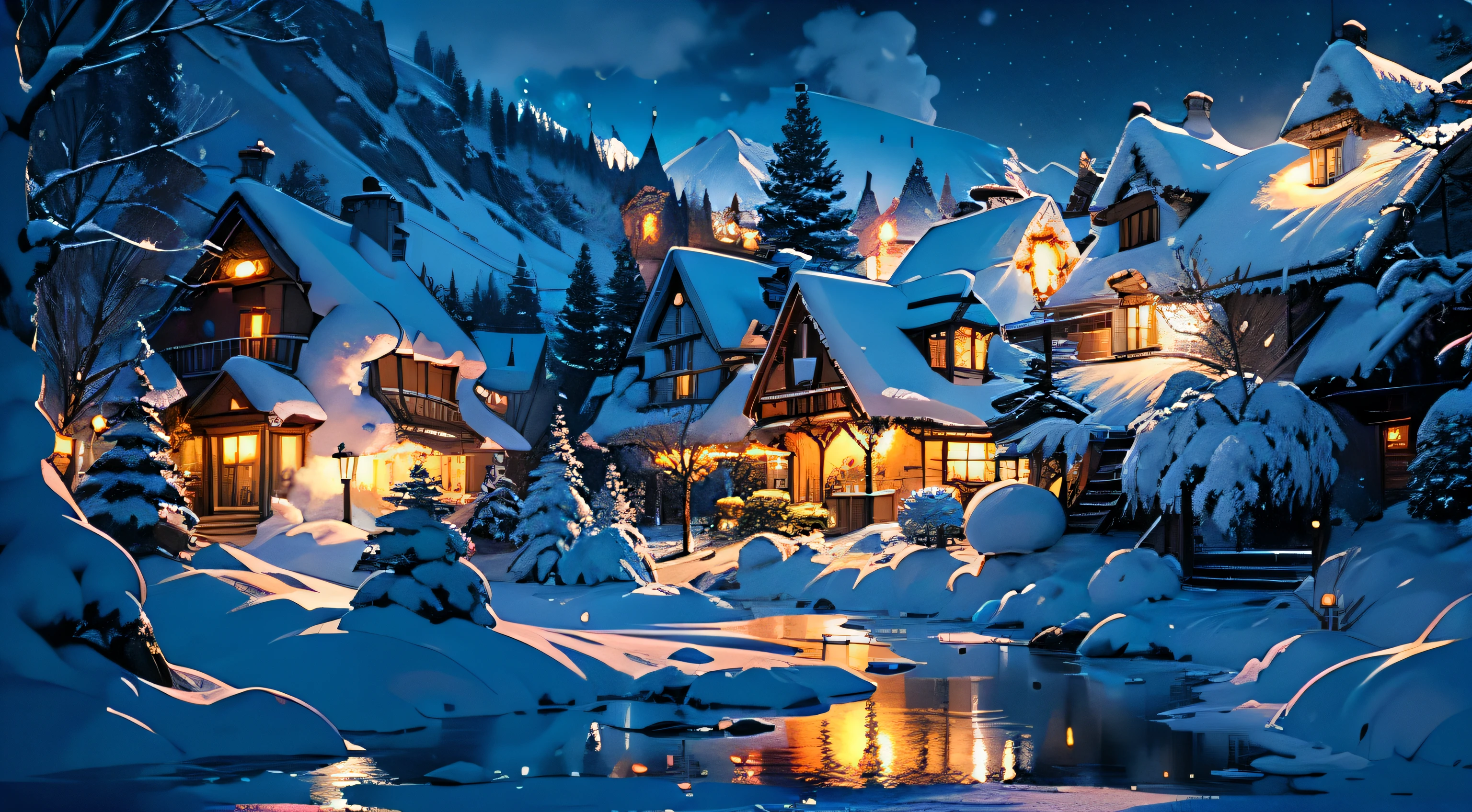 (La mejor calidad, Altas Resoluciones, HDR), snowy mountain village, casa estilo fantasia, Luces brillantes, paisaje nevado detallado, Ambiente acogedor, colores vibrantes, Winter Wonderland, magical scene a town with a house with beautiful lights and smoke coming out of the chimneys
