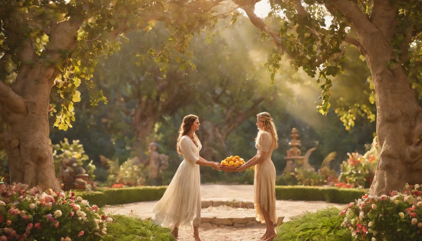 a pixa Disney cartoon cover of biblical times; Adam and Eve standing under the tree of life in the middle of a very beautiful garden, with golden fruits, no roads just a tree in the middle, 3D, animation film, animated film still, rendered in corona, epic illumination.