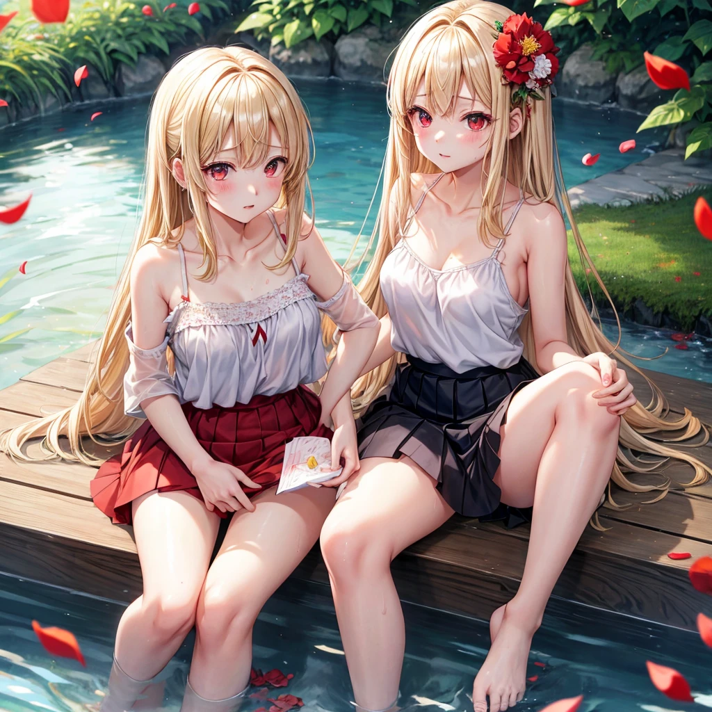a blond、red eyes、1 pretty girl、animesque、lightly dressed、a miniskirt、sitting on、flower petals、bare-legged、wetting hair、sullenness、Camisole-wearing、rainbows