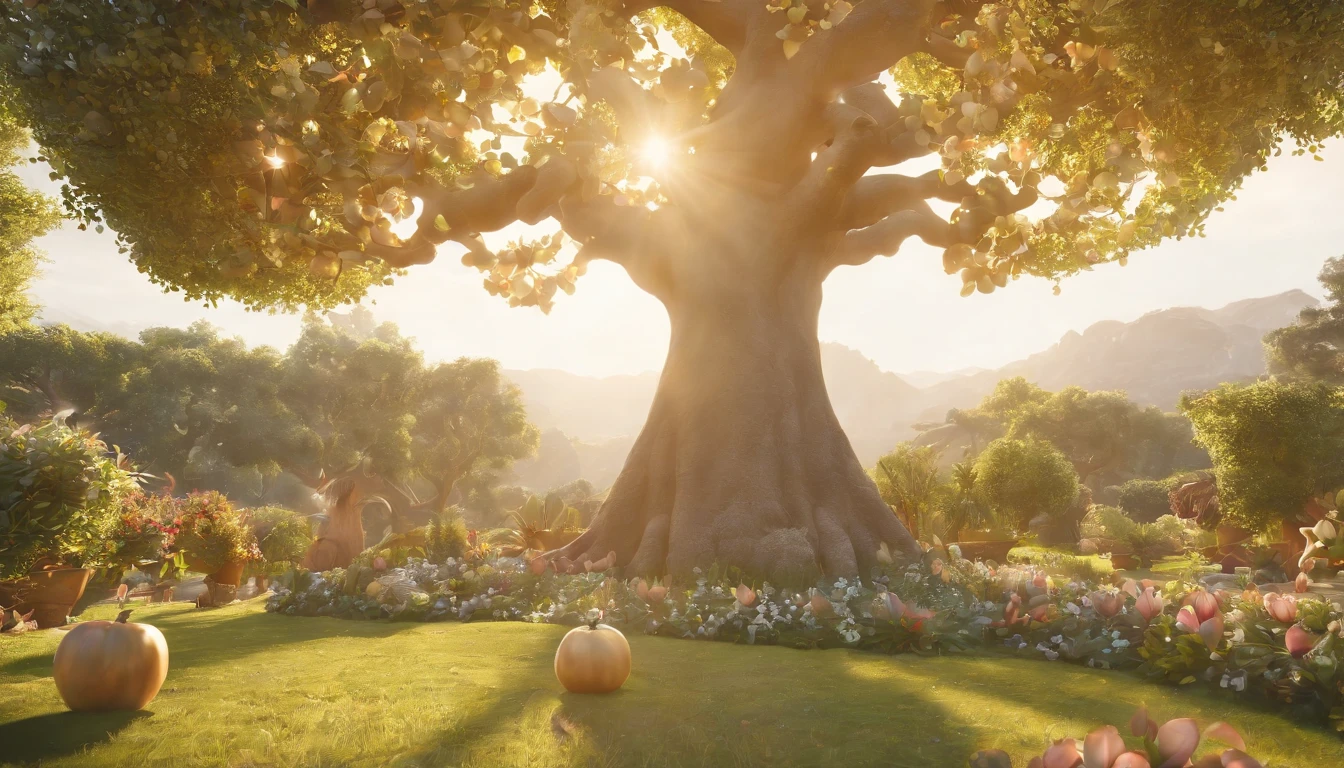 a pixa Disney cartoon cover of biblical times; the tree of life in the middle of a very beautiful garden, very tall into the heaven, with golden fruits, no roads just a tree in the middle, 3D, animation film, animated film still, rendered in corona, epic illumination.