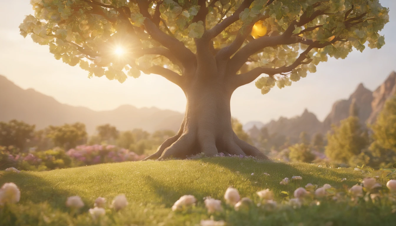 a pixa Disney cartoon cover of biblical times; the tree of life in the middle of a very beautiful garden, very tall into the heaven, with golden fruits, no roads just a tree in the middle, 3D, animation film, animated film still, rendered in corona, epic illumination.