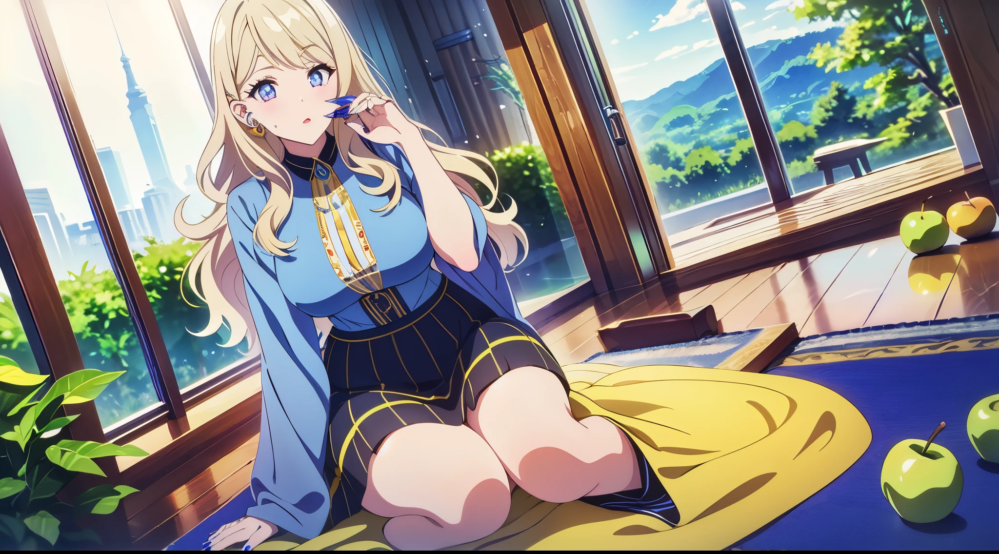 water wood apple,longer sleeves,ear nipple ring,Blonde hair,lipsticks,A mature woman,Blue nails,Eternal,cosmetics,jewely,1 busty girl,Thick eyebrows,Long gray hair,looking at viewert,Alone,Full body lesbian,yellow backdrop,pandora party items,a skirt