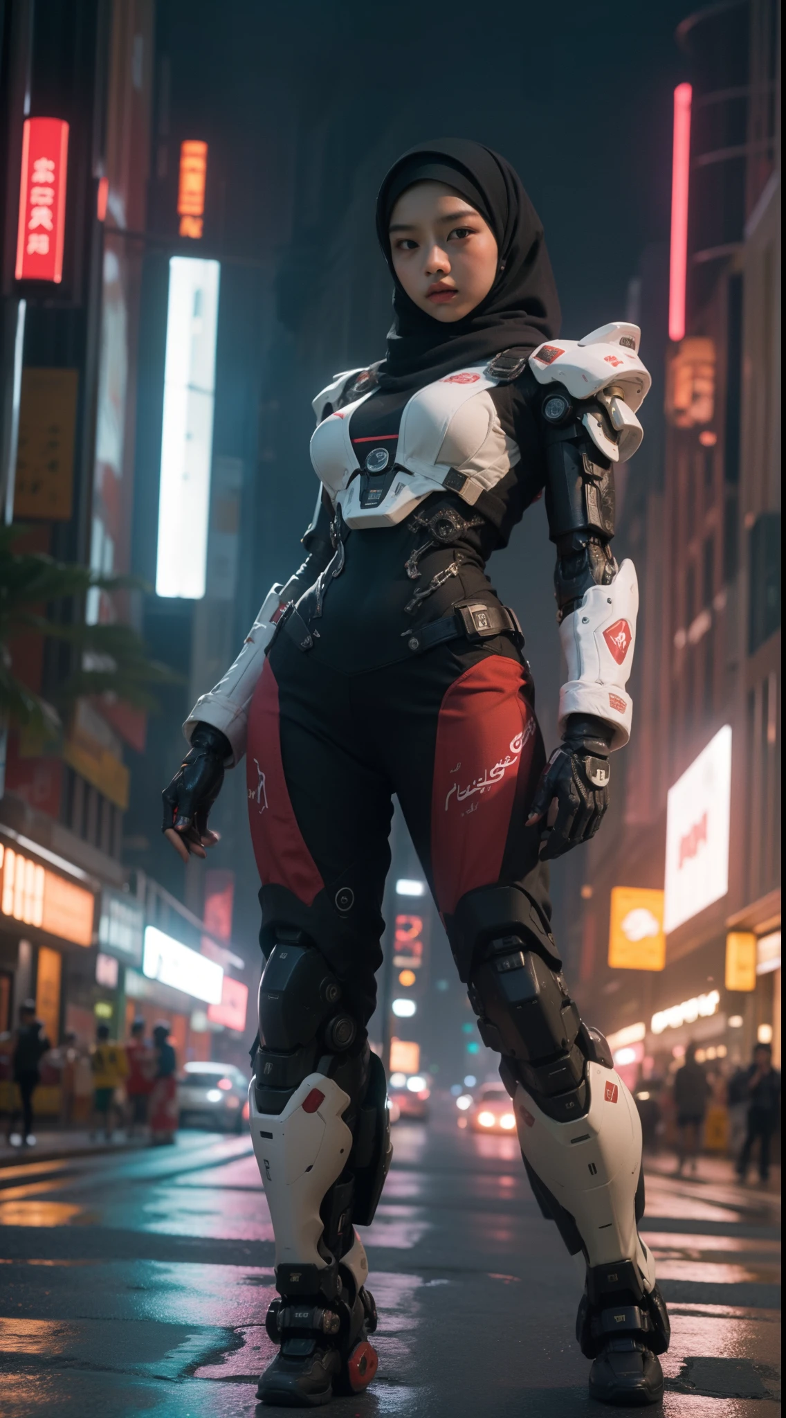 a malay teenage girl in hijab and mecha suit standing in action in front of bustling kuala lumpur malaysia city streets, serious face, nighttime, fisheye lens, establishing shot, pastel color grading, depth of field cinematography effect, film noir genre, 8k resolution, high quality, ultra detail