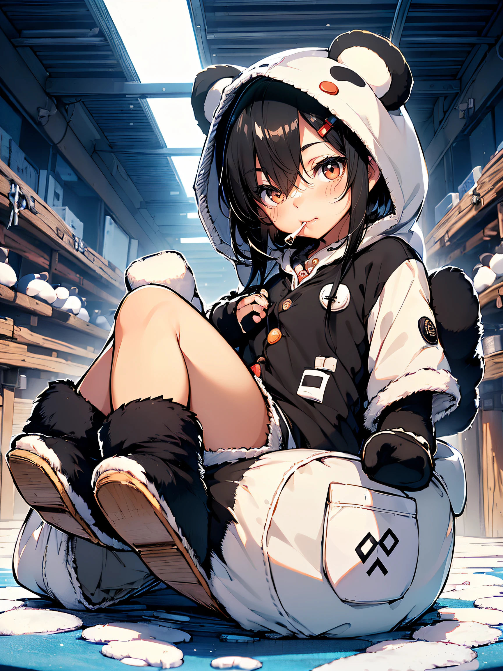 (panda kigurumi:1.2), (White and black hair), ((Front button, Cute and cozy):1.5), ((Short sleeves, mittens with footprints):1.2), (hood with ears and eyes:1.3), (Nose and Mouth:1.3), (shorts and slippers:1.2)