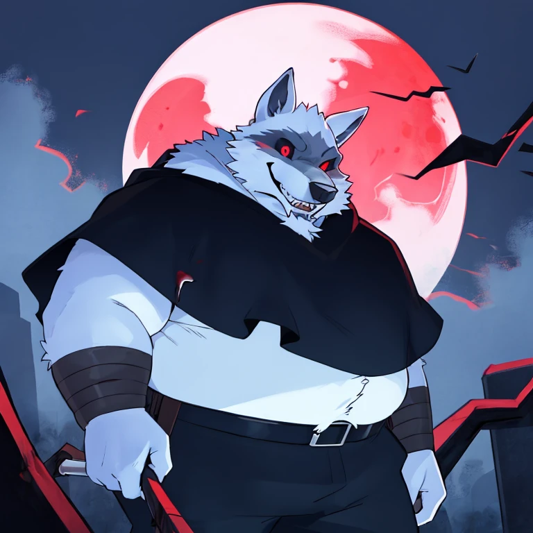 4K best quality, ultra high res, obese 1furry boy, solo,detailed eyes, obese wolf, volumetric lighting, amazing, finely detail, , black cloak , white fur, red eyes, black sclera, bright pupils, bright atmosphere, fatter, upper body, full moon , red moon , (blood moon), woods in background, night