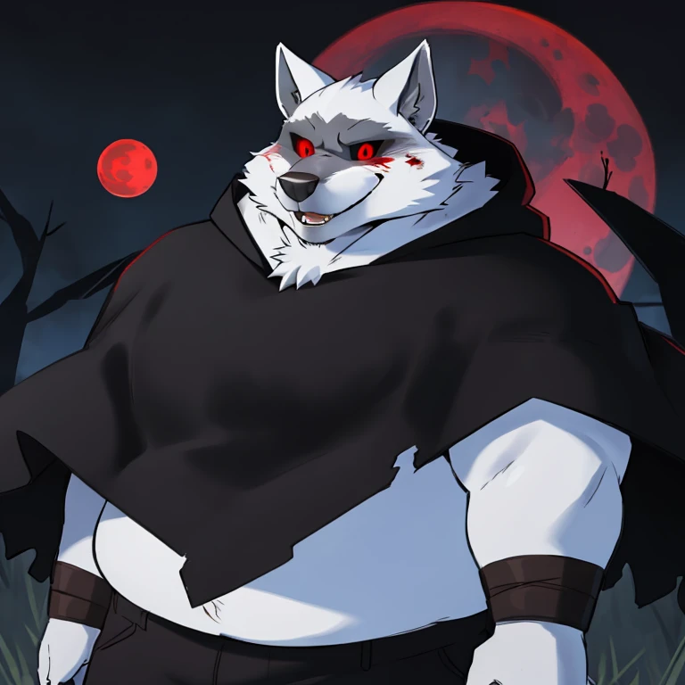 4K best quality, ultra high res, obese 1furry boy, solo,detailed eyes, obese wolf, volumetric lighting, amazing, finely detail, , black cloak , white fur, red eyes, black sclera, bright pupils, bright atmosphere, fatter, upper body, full moon , red moon , (blood moon), woods in background, night