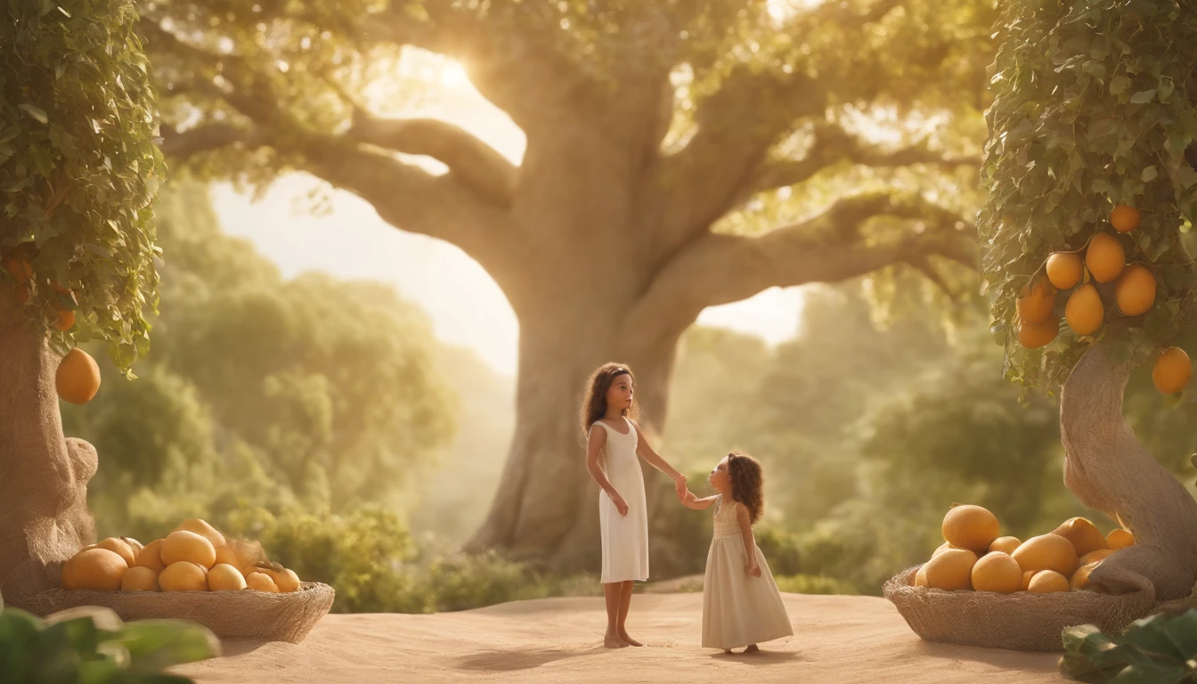 a pixa Disney cartoon cover of biblical times; Adam and Eve standing under the tree of life in the middle of a very beautiful garden, with golden fruits, dress in animal skin, no roads just a tree in the middle, 3D, animation film, animated film still, rendered in corona, epic illumination.