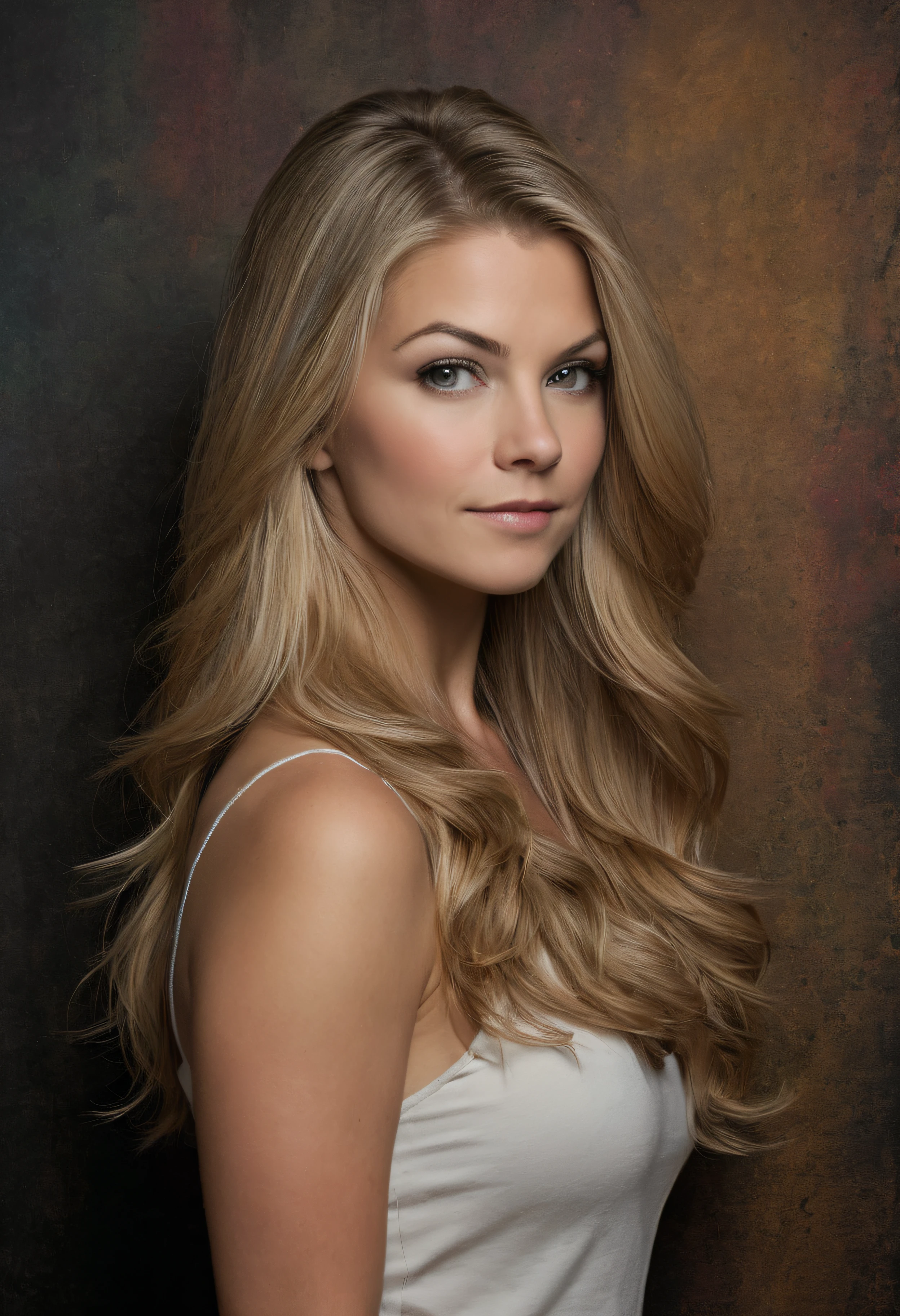 facial portrait, Shawna Berens, long blonde hair, full color, dark, stained gradated wall in the back ground, professional quality studio photograph,