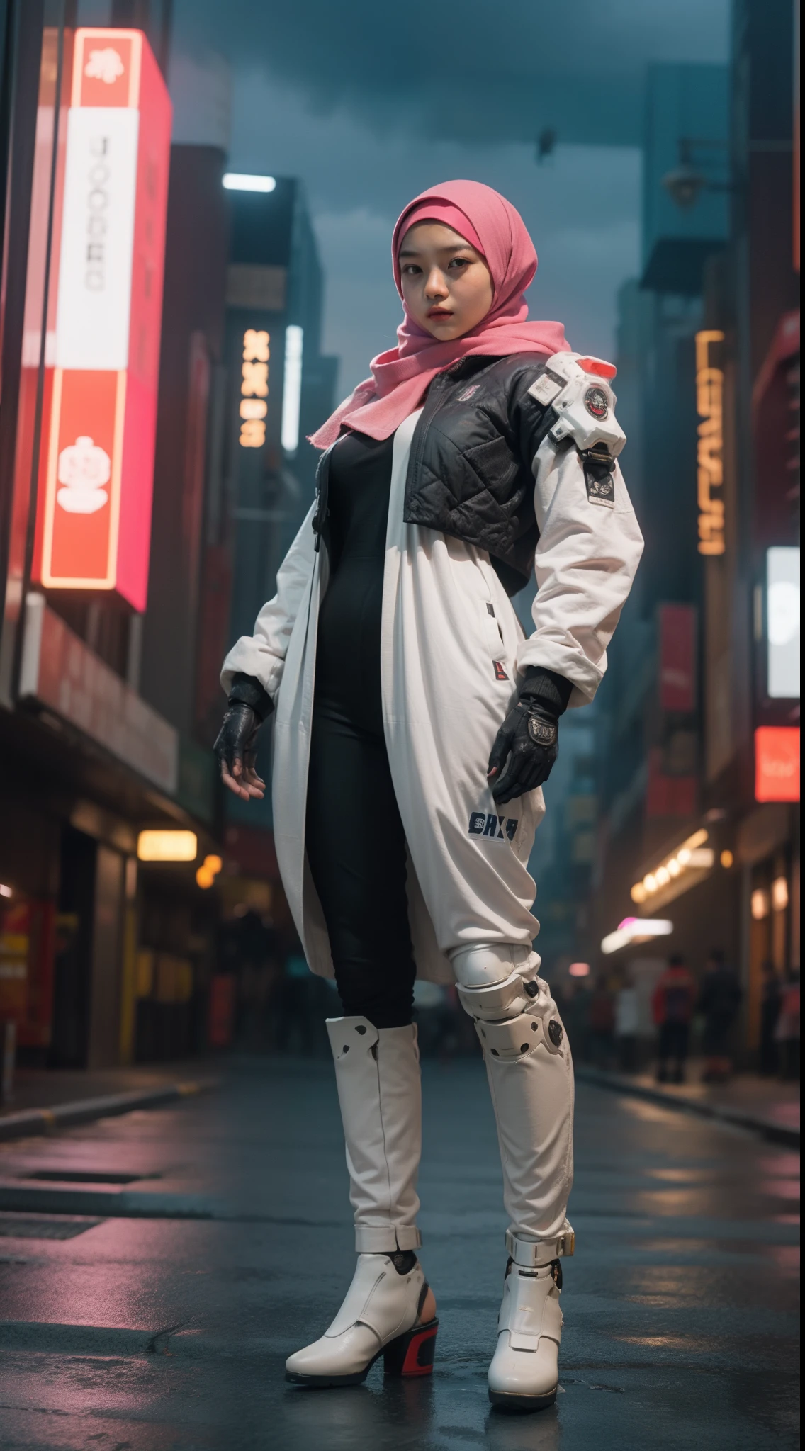 a malay teenage girl in hijab and mecha suit standing in action in front of bustling kuala lumpur malaysia city streets, serious face, nighttime, fisheye lens, establishing shot, pastel color grading, depth of field cinematography effect, film noir genre, 8k resolution, high quality, ultra detail