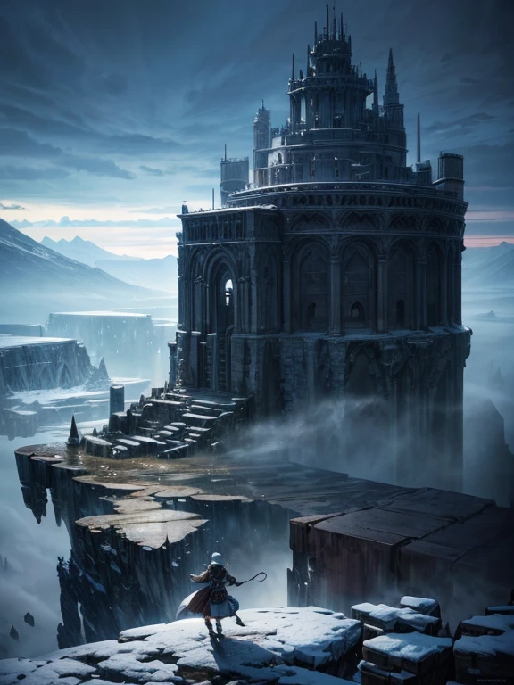 Digital illustration, Detailed and intricate, The panoramic landscape view, Gigantic ancient frozen tower ruins in the plateau, Intricate steampunk gigantic ice covered ruins, Night sky and chilly, Rocky and snowy and foggy, Pilgrims and adventurers, In the style of Yoshitaka Amano and Hayao Miyazaki, Masterpiece, Proportional, Detailed, Beautiful lighting, Realistic, Intricate, 4k highest quality, 4K digital painting in the style of Yoshitaka Amano, Beautiful lighting and cinematic composition, Rule of thirds composition