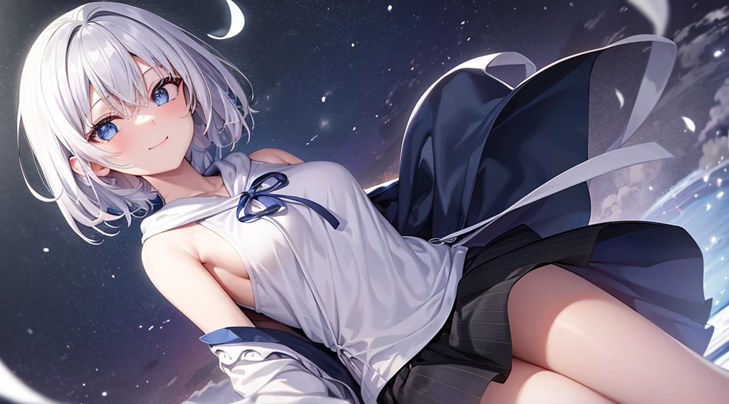 mid-shot, Look at viewers, hands behind back, girl with, 20 years old, Very short hair, long bangs between eyes, hair over shoulder, Grey Hair, Floating hair, ^ ^, pale blue eyes, Short dress, Hoodie, Skirt, Bare shoulder, White clothes, , Extremely detailed,(masterpiece、top-quality)、独奏、1womanl、White hair、the tips of the hair are blue、Blue eyes、A smile、White skin as clear as snow、Small breasts, Silver hair, Blue eyes, Beautiful eyes, Teen Girl, Ecstasy, charmed, be smitten with audience, Hoodie, Hoodie with open front, Shoulder out,nighttime scene