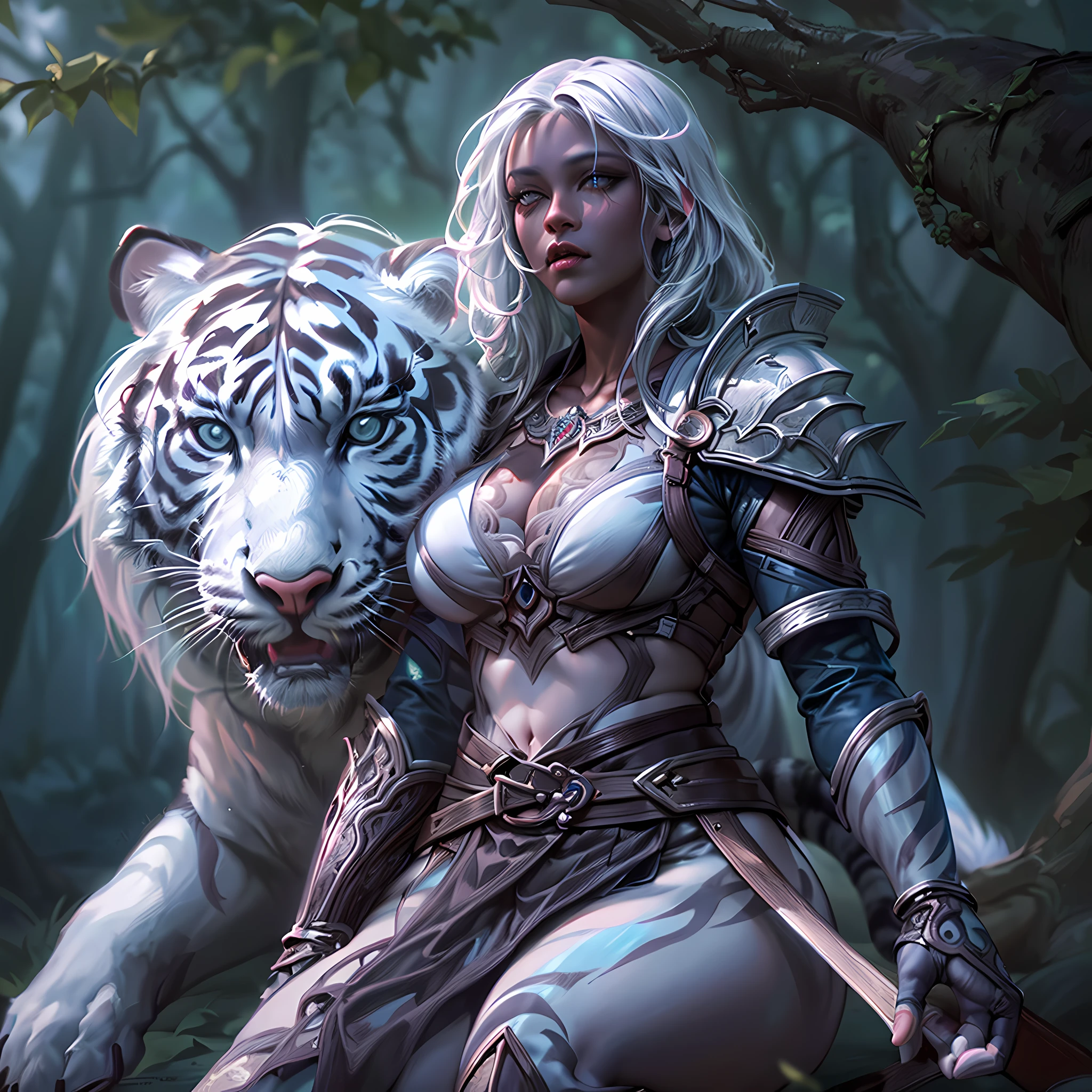 high details, best quality, 16k, [Ultra detailed], masterpiece, best quality, (extremely detailed), dynamic angle, ultra wide shot, RAW, photorealistic, fantasy art, RPG art, realistic art, a wide angle picture of an epic female drow ranger and her pet (white tiger: 1.3),  warrior of nature, fighter of nature, full body, [[anatomically correct]] full body (intricate details, Masterpiece, best quality: 1.5) talking to am epic (white tiger: 1.3) (intricate details, Masterpiece, best quality: 1.6) armed with an epic magical sword  (intricate details, Masterpiece, best quality: 1.5) epic magical sword fantasysword sword, glowing in blue light , in dark forest ( intricate details, Masterpiece, best quality: 1.4), a female beautiful epic drow wearing leather armor (intricate details, Masterpiece, best quality: 1.5), leather boots, thick hair, long hair, white hair, black skin intense eyes, forest  background (intense details), moon light, stars light, clouds (intricate details, Masterpiece, best quality: 1.5), dynamic angle, (intricate details, Masterpiece, best quality: 1.3), high details, best quality, highres, ultra wide angle