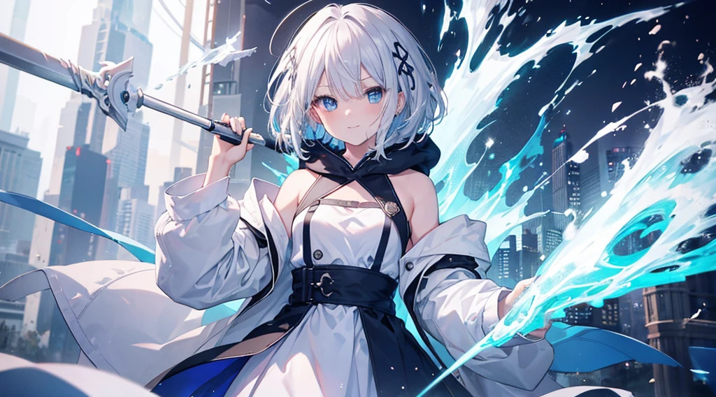 mid-shot, Look at viewers, hands behind back, girl with, 20 years old, Very short hair, long bangs between eyes, hair over shoulder, Grey Hair, Floating hair, ^ ^, pale blue eyes, Short dress, Hoodie, Skirt, Bare shoulder, White clothes, , Extremely detailed,(​masterpiece、top-quality)、独奏、1womanl、White hair、the tips of the hair are blue、Blue eyes、A smile、White skin as clear as snow、Small breasts, Silver hair, Blue eyes, Beautiful eyes,  Girl, Ecstasy, charmed, be smitten with audience, Hoodie, Hoodie with open front, Shoulder out,cafes