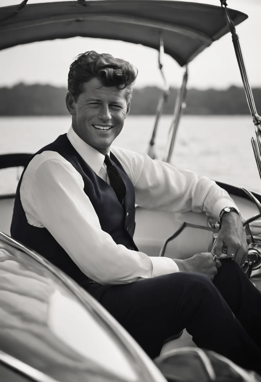 A photo of Kennedy enjoying a morning sail on a classic wooden yacht,original,John F. Kennedy, the 35th President of the United States, was renowned for his handsome, charismatic appearance, with his wavy hair, engaging smile, and a sense of style that exuded confidence and charm. His tailored suits and poised demeanor contributed to a public image of youthful vigor and sophistication., male