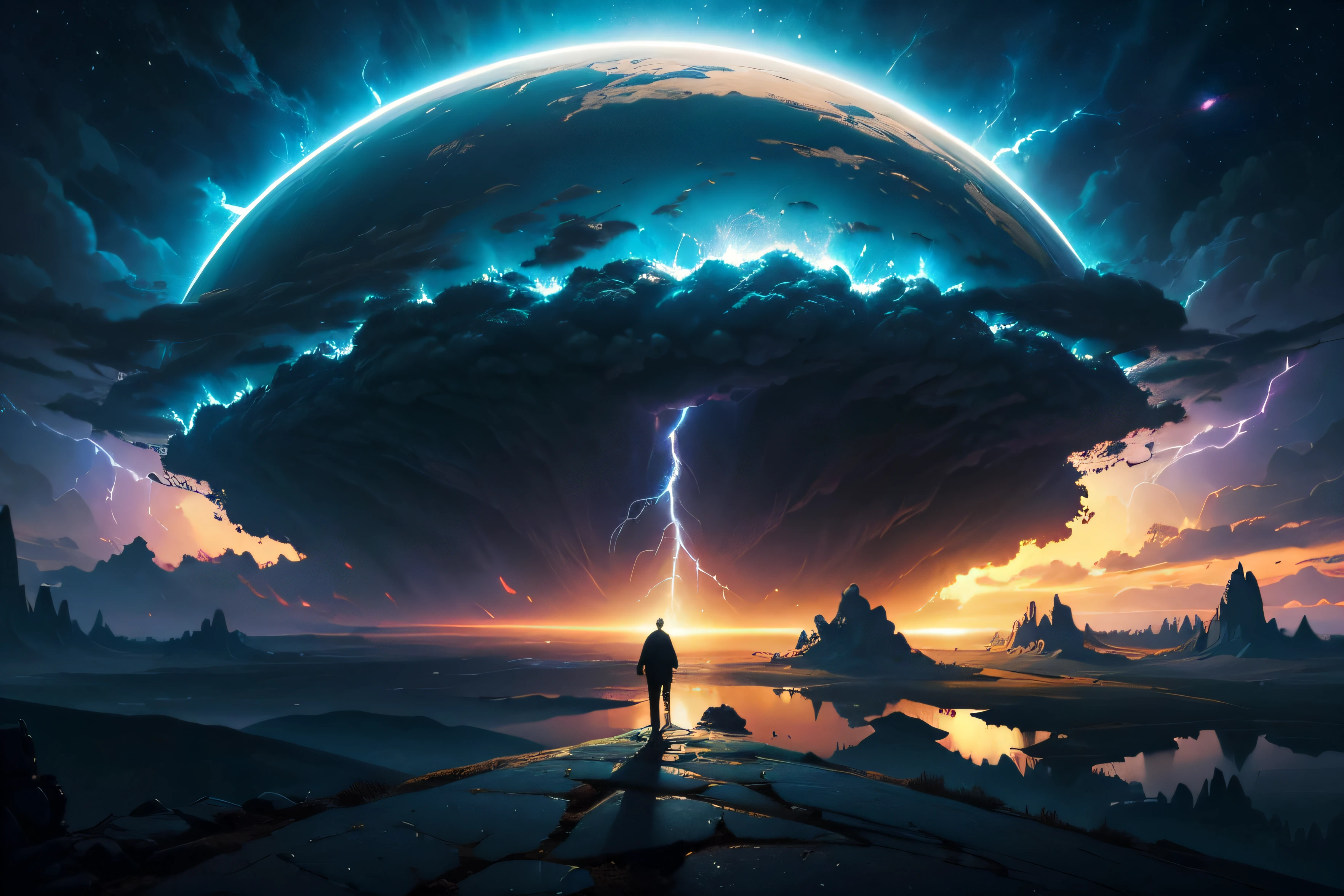 A man standing on the mountain looking at the distant scenery, digital art inspired by Cyril Rolando, Hot topics on artstation, space art, tim hildebrandt, artgem and John Birkey&#39;s masterpiece, and Jeremiah Ketner, hentail realism | John Berkey, Beeple e Jean Giraud, Beeple and Greg Rutkowski drew a large cloud，There is a black hole leading into space, Michael Satfen (Michael Sutfin) of surrealist paintings, Shutterstock Contest Winners, ultra-realistic realism, android jones and raz, cloud vortex, thick ring of spinning lightning, surrealism painting, surreal landscape painting, Thundercloud modernism, Surreal scenarios, surreal clouds, Jacek Jelka and Vladimir Kush, surrealism painting, salama , Star Domain, the entire floor is made of reflective obsidian