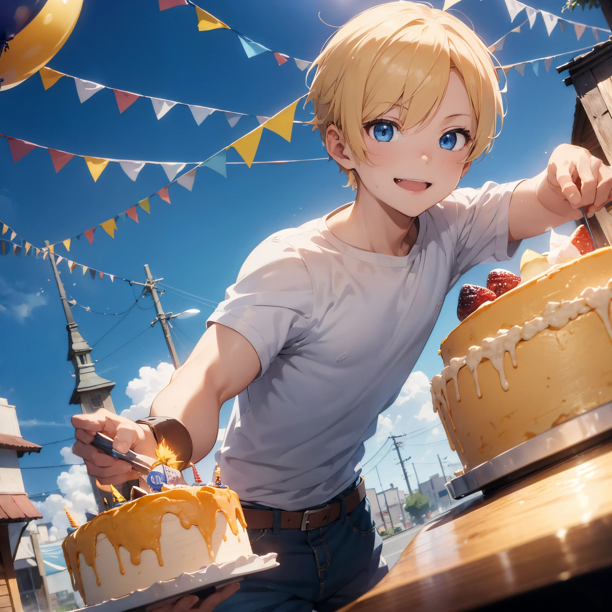 1 boy smiling, spiky blonde hair, blue eyes, wearing yellow shirt, denim pants, wishing happy birthday with a cake, high res, ultrasharp, 8K, masterpiece, looking at viewer