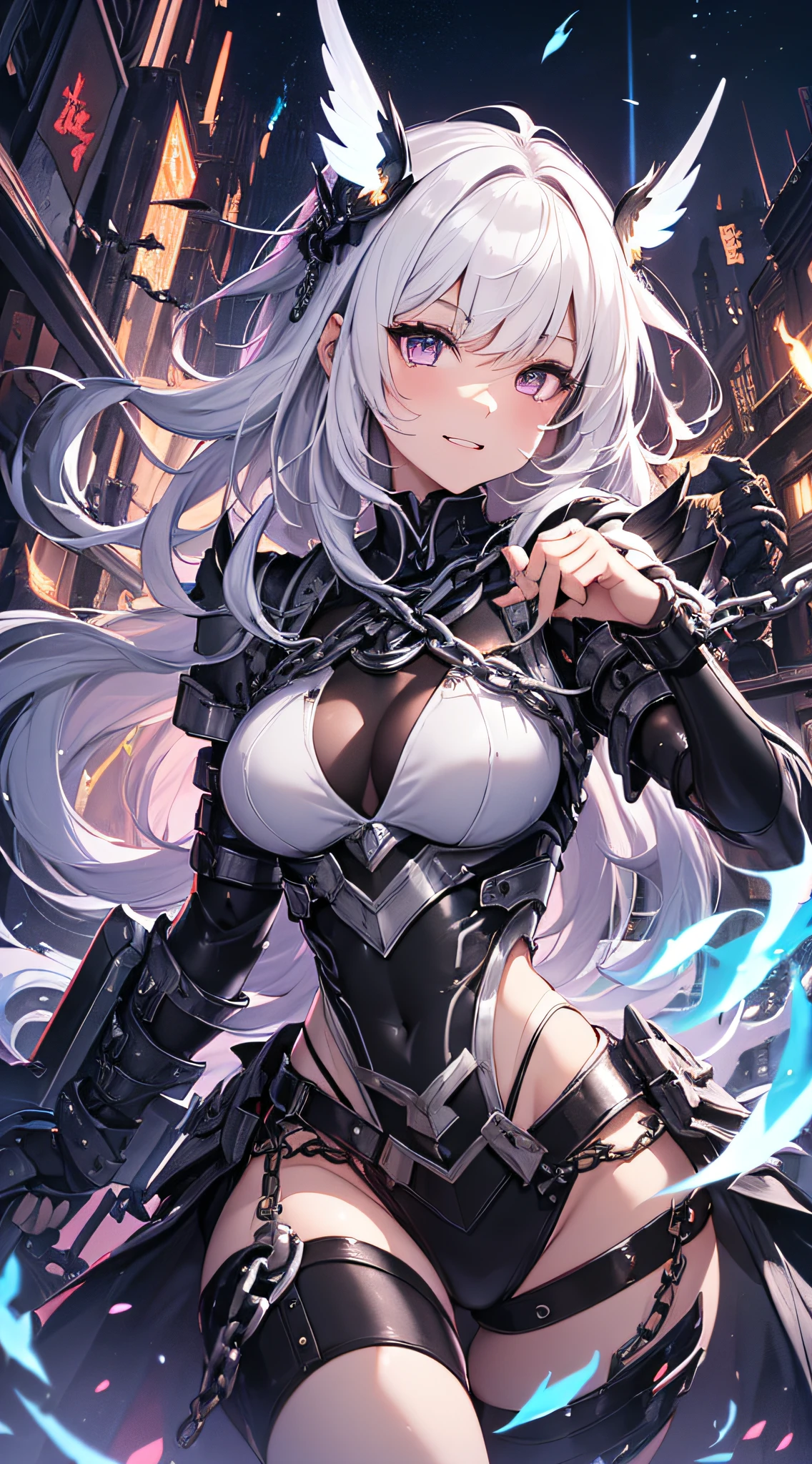 top-quality、Top image quality、​masterpiece、girl with((Silver and black mechanical body armor、silver mechanical arm、silver leg arms、Shining red body line、sixteen years old、teen ager、cute little、Best Bust、big bast,Beautiful shining purple eyes、Breasts wide open, white  hair、black mechanical wings,Longhaire、A slender,Large valleys、belligerent movements,sharp claws、anchor chain、chain、chains、Beam Cannon、Laugh、holds a black sword、fighting poses)),hiquality、Beautiful Art、Background with((natta、Burning City、Pillar of fire、fluttering white feathers、red beam、blue beam、Yellow lightning)))、,masutepiece、depth of fields,Cinematic style