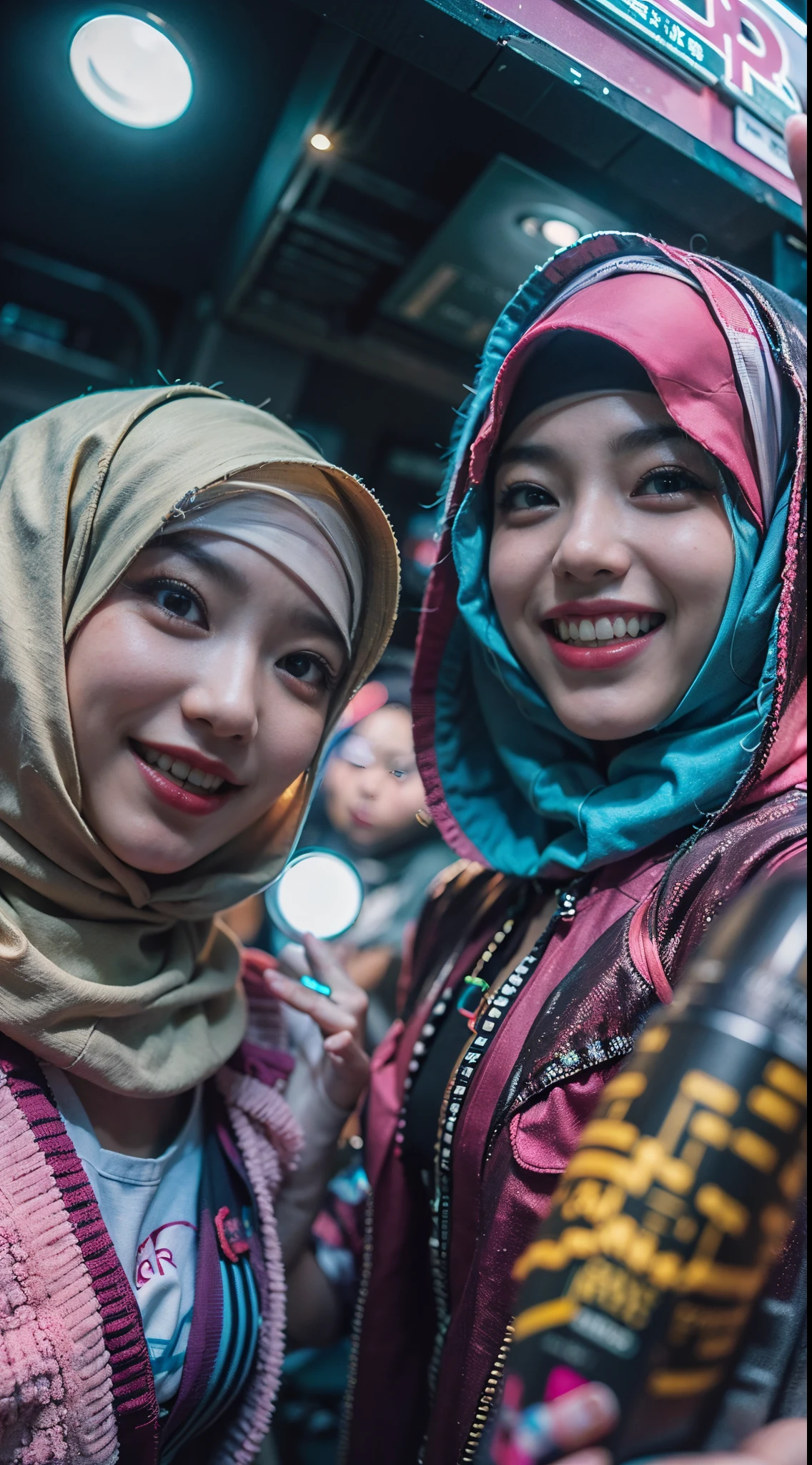 ((2 cyberpunk malay girls in hijab wearing colorful Harajuku style pop outfit)), ((fisheye lens)), cowboy shot, wind, cyberpunk cityscape, (aesthetics and atmosphere:1.2), smiling, ((cinematic lighting))