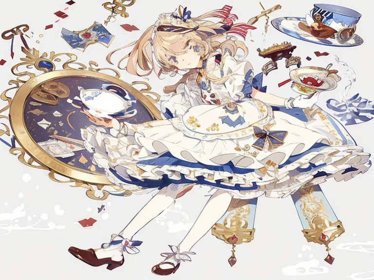 t-shirt- design, panoramic view, head to feet view, hand-drawn illustration, cartoon, master piece, top-quality,fairytail storybook Beautiful vintage Aesthetic tea party, a highly detailed cute face girl, petite body, balance anatomy, highly detailed anime cute face innocent Alice in wonderland japan, offcial art, (1 girl in:1.3), platinum-blonde long layer hair, soft skin, highly detailed dainty female perfect 5 fingers on each hand, 2 hands, perfectly detailed 2 arms, in one hand she holds a detailed vintage English pattern tea cup gold trim, (Tied to her hair is a ribbon detailed gold glass pendant head-piece), highly detailed (sparkling glass Blue iris eyes), white stockings beautiful 2 legs, detailed navy brown gold with a white Apron over ruffle dress mid-length mini-skirt, striped silk ribbon navy brown white gold colors, perfect mary jane brown shoes on 2 feet, (alice in the wonderland:1.2), dyanmic pose, highly detailed accessories surround her is the (Playing Cards, detailed teapot, pearl neckclace, ribbons, detailed furry white rabbit, cartoon, detailed tea cup, tea saucer, tea tin cans、gold pocket watch:1.3), illustration of a highly detailed whimsical adorable tea party, cartoon illustration of a furry white rabbit wearing a tuxedo carries a gold watch, limited palette, pastel light blue pink light yellow brown navy white colours, muted colors, flat colors, flat, best quality, storybook whimsical illustration, vectorized artwork, simple, solid gray background, vintage colors, english tea time,  yuri