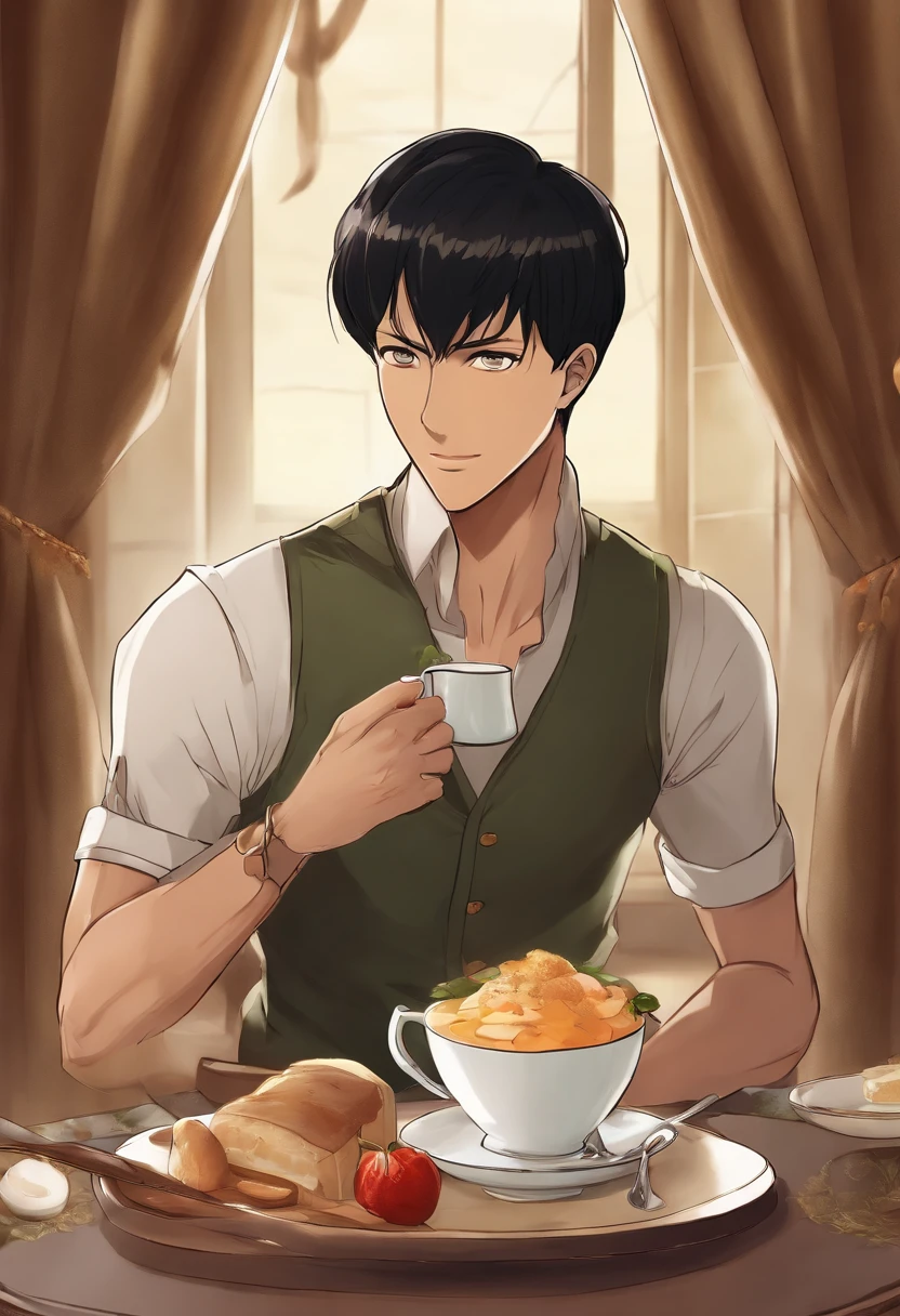 A photo of a neatly arranged breakfast on a tray, with a steaming cup of tea and a fresh flower in a vase.,Attack on Titan,Bertholdt is very tall with tan skin, a large nose, murky teal eyes, very short black hair with short M-shaped bangs. (Bertholdt Hoover from Attack on Titan), male
