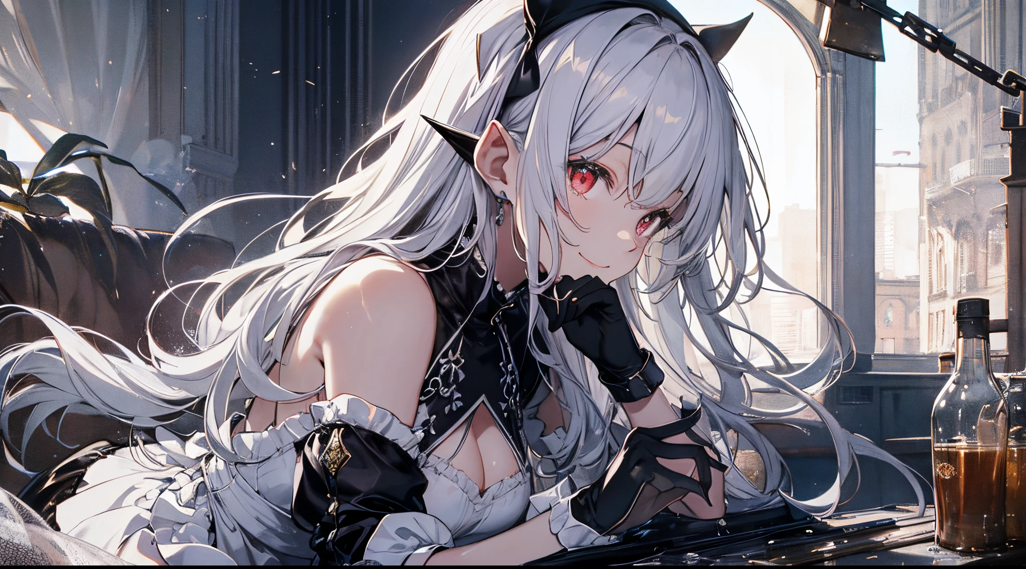 ((tmasterpiece:1.4,Best quality at best))+,(hyper-detailing)+,(詳細な目:1.5)+,(pointy ears:1.5),(cute girls),(Golden-red eyes:1.5),(cabelos preto e longos:1.5),(wariza:1.2),pale-skinned,Seductive smile,black crystal block,Red crystal on forehead,(White maid outfit:1.5),(black ribbon,White stockings,White apron:1.4),dense fog,Stand up and salute,metal chains,Black silk gloves,Ice compress cleaning effect,country estate,wheat field,tropical garden,(Classical maid:1.1),(dawn light:1.2),(Thick black and white:1.16),(depth of fields:1.4),Complicated details,color mixing,Detailed route,Excellent,super detailing,The content is very detailed,(hight contrast:1.11),ventania,Amazing cleavage,beautidful eyes,messy hair,(best illuminate,Extremely Delicately Beautiful), ((movie light lighting)), (seen from the side:1.3),8K,tmasterpiece,Best quality at best,cinematic Film still from,1 plump girl,(Close-up cleavage:1.1),bright,Interesting,gentlesoftlighting,(bauhause,shape,line engineering,Abstract:1.1)offcial art, Unity 8k壁纸, ultra - detailed, Beautiful and beautiful, tmasterpiece, Best quality at best, (dynamic angle:1.4),PerfectNwsjMajic,(tmasterpiece,top-quality,Best quality at best,offcial art,Beauty and aesthetics:1.2),The content is very detailed,rich colourful,highest details,