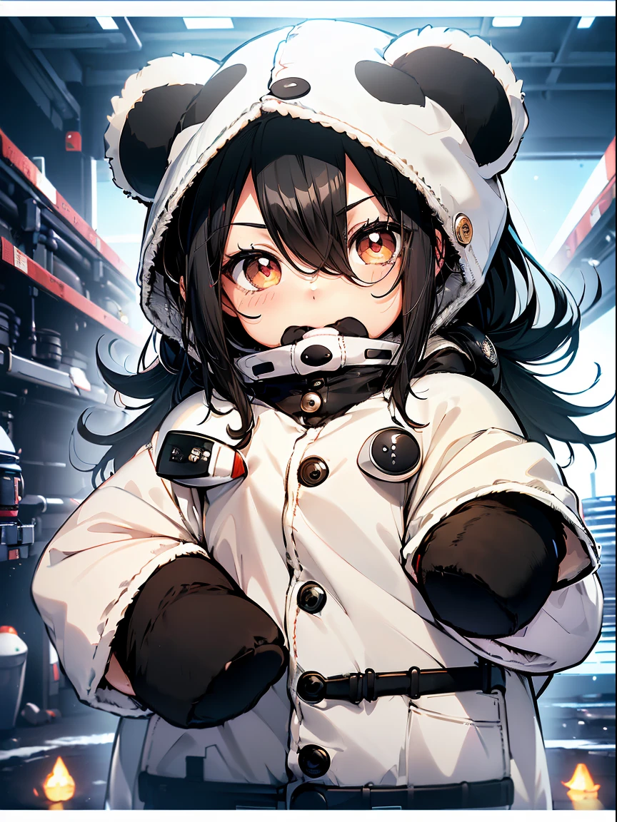 (panda kigurumi:1.2), (White and black hair:1.4), ((Front button, Cute and cozy):1.5), ((Short sleeves, mittens with footprints):1.2), (hood with ears and eyes:1.3), (Nose and Mouth:1.3),