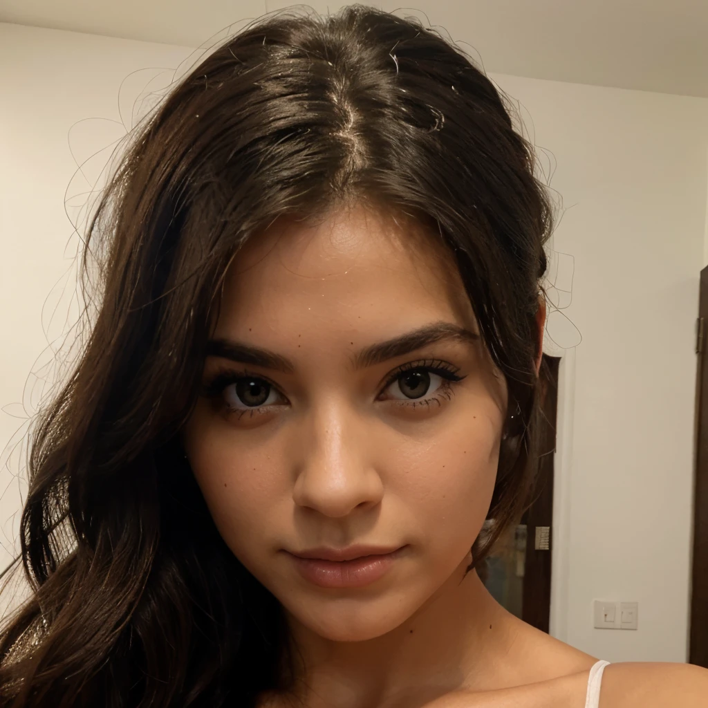 Escote grande, linda chica, pelo negro, piel blanca, small chin, ojos grandes, nariz perfecta,