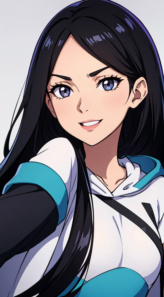 girl, with black hair, hair lenght until bust, straight hair, hair parted in center of head, round face. hairstyle with a center part, that the hair should be parted down the middle, creating a symmetrical look without any frontal hair covering the forehead. Wearing dress. Happy and smiling. Face, profile, photoshoot. Wearing hoodie.