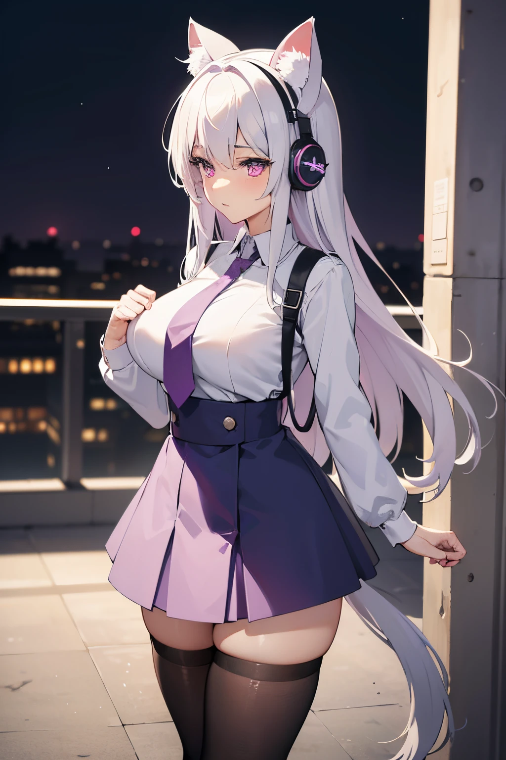 "anime girl, 1 person, silver white hair, light pink purple eyes, wearing cat ear headphones, female shirt, female school uniform, tie, black miniskirt, big breasts, tights, standing cross-legged, side view, (full HD 4K+ image)"