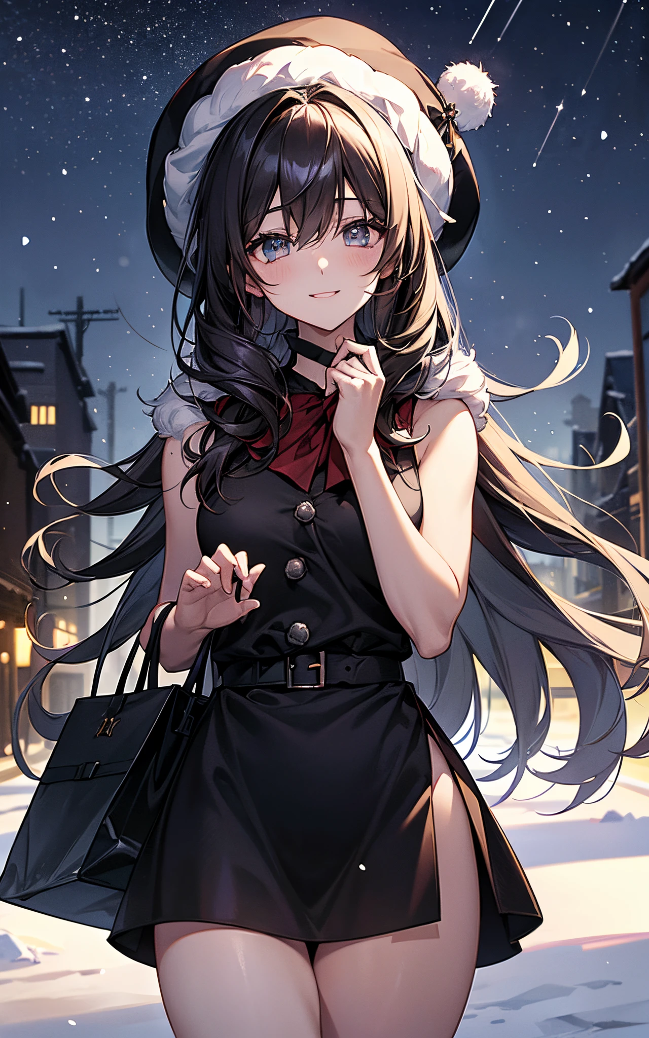 The theme is black、(One lady)Top image quality、hight resolution、​masterpiece、6headed body、(((Wearing black clothes、thighs thighs thighs thighs、sleeveless、frilld)))、(black color santa)、(((White fur)))、(big black santa hat)、The gift bag is also black、Beautie、Cheerful smile、Composition looking up at the sky from below、nigh sky、shooting stars、Falling snow、huge light in the background、Building Street、Refers to 5、(((white light in my eyes)))、Dye cheeks、Watching the viewer、hair adornments、Christmas embroidery all over clothes、hair arrangement、