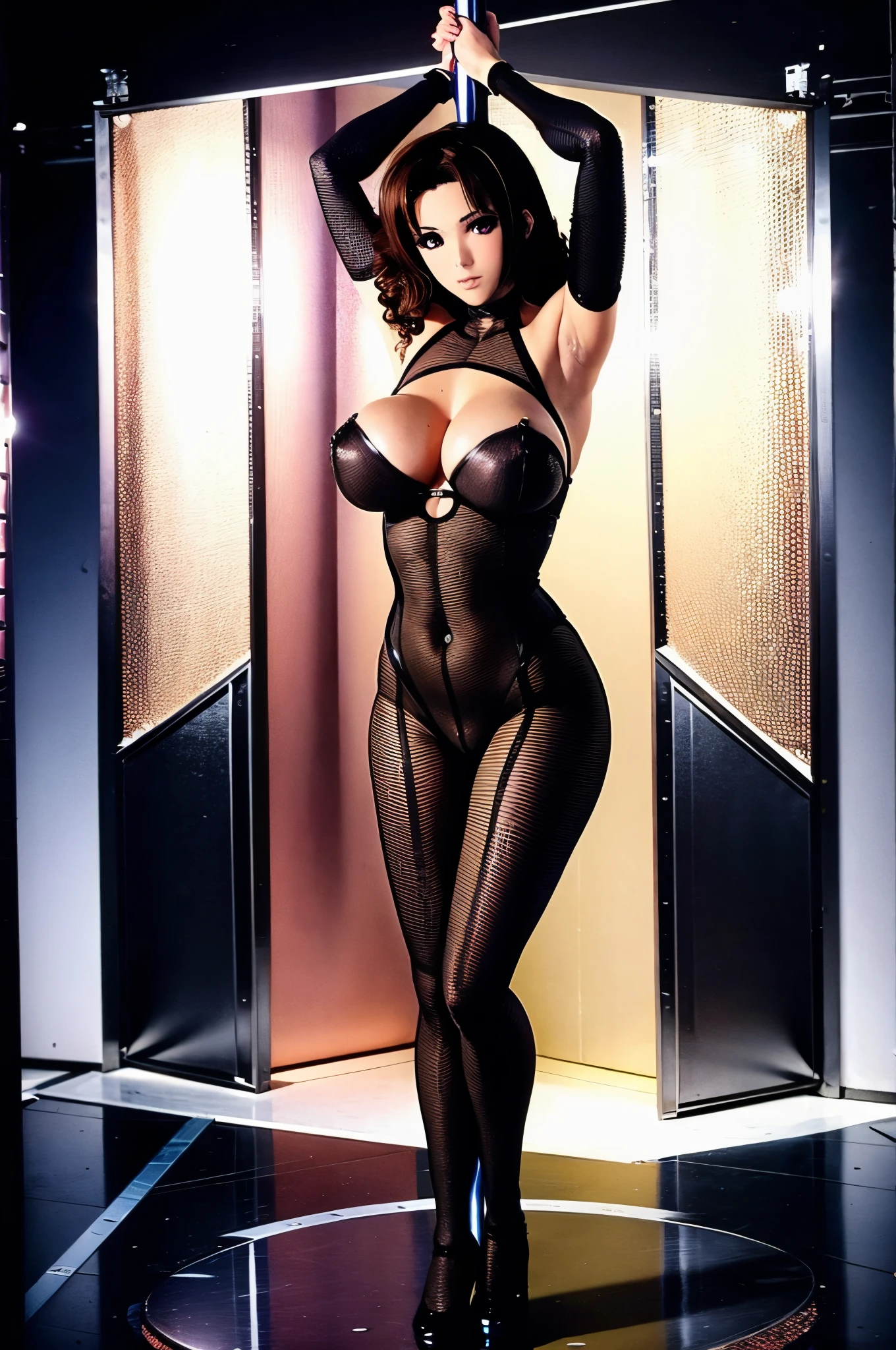 Rui Kisugi.（hight resolution）（filigree）（High Quality） A dark-haired. Long. waved hair. Pole Dancer. hiquality.clear illustrations. full body stocking. huge ???. pink light up Stage.