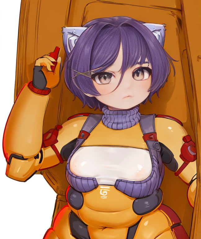 (1girl), (masterpiece:1.2), ((best quality)), (absurdres), obese girl, highres, Neko, (Nekojets:1), catgirl, purple hair, 4k, beautiful image, (best eyes, high contrast image, beautiful detailed eyes, detailed light, solo, ((short hair)), ((small breasts)),bright light, mecha mastume, mecha, plugsuit,