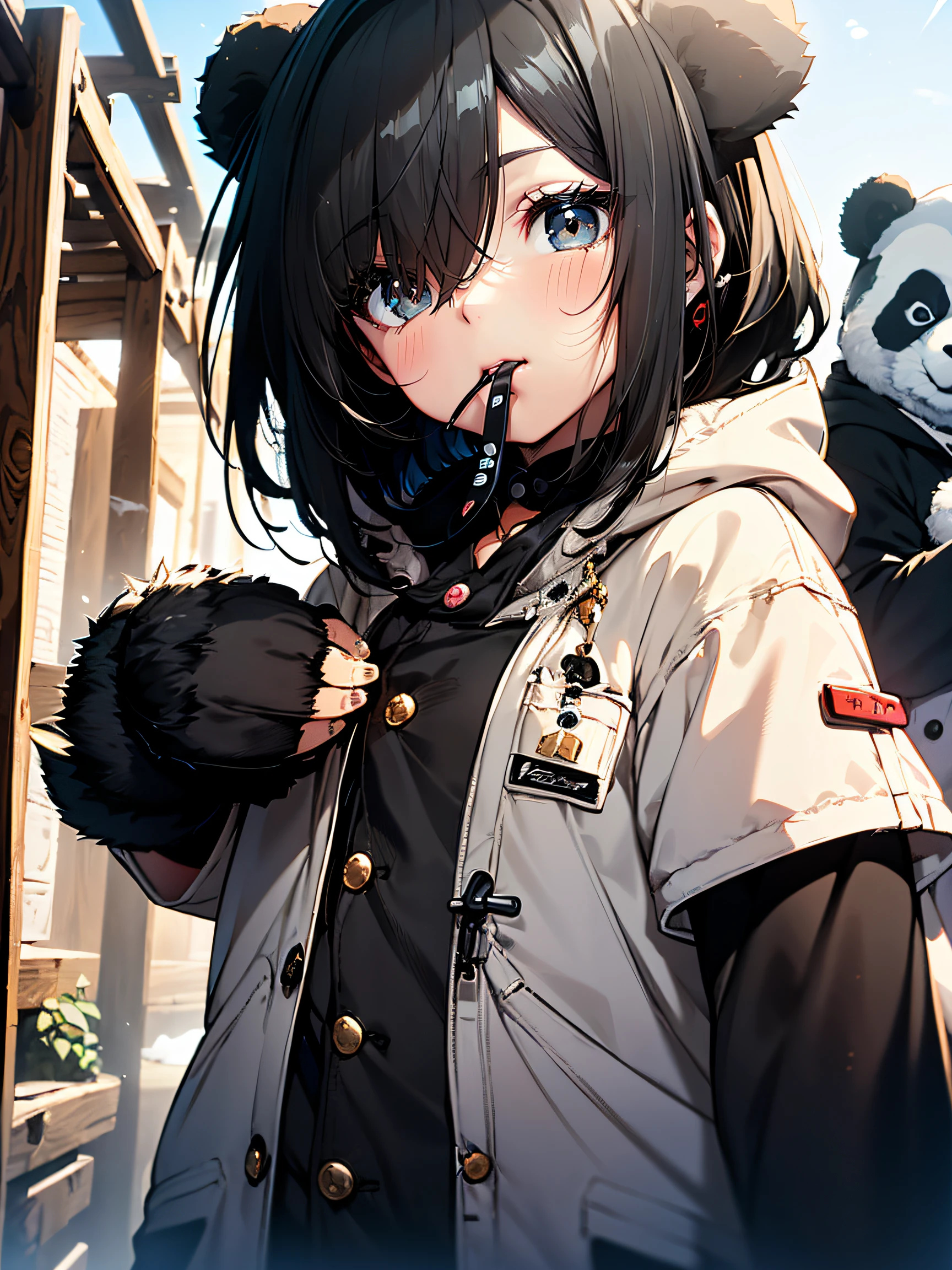 (panda kigurumi:1.2), (White and black hair:1.4), ((Front button, Cute and cozy):1.5), ((Short sleeves, mittens with footprints):1.2), (hood with ears and eyes:1.3), (Nose and Mouth:1.3),