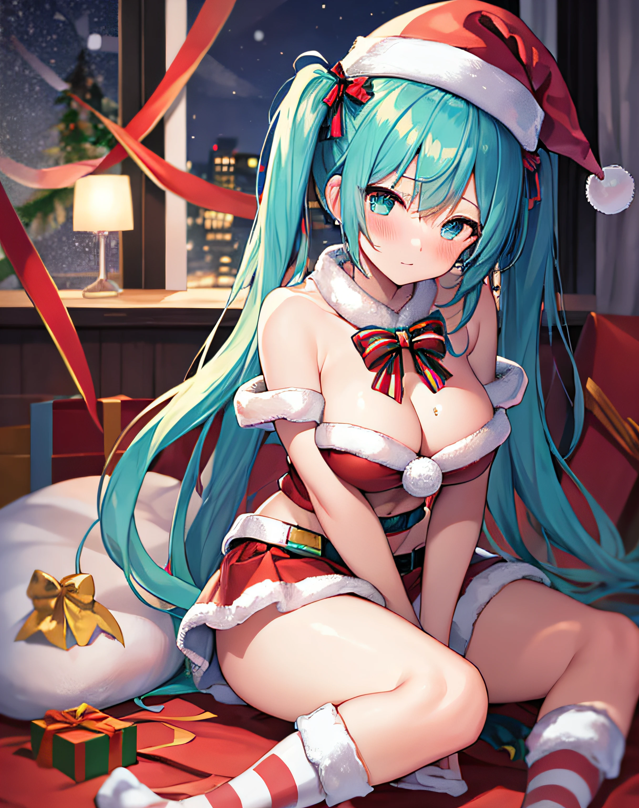 ​masterpiece、Top image quality、超A high resolution、miku hatsune、blue hairs、Twin-tailed、Blushing、is in estrus、Cute and shy、santa costume、Santa Costume Mini Skirt、Wearing a Santa Hat、firm breasts、well-shaped breasts、over-the-knee socks、Striped panties、gift box、Night、