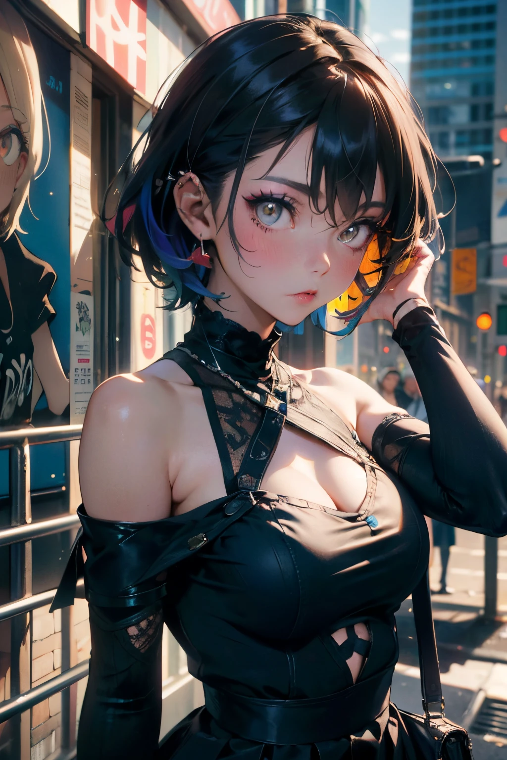 maid girl,(((1girl))),((maid girl with extremely cute and beautiful black hair)),
(large breasts:1.4),bountiful breasts,fluffy breasts,H cup bust,bust up,bulging bust top,(((black bob hair:1.35,colored inner hair,short hair,ear breathing))),((heterochromia:1.5, (purple_eye and blue_eye))),big eyes:1.3,((fat)),(((lustrous skin:1.5,bright skin: 1.5,skin tanned,shiny skin,very shiny skin,shiny body,plastic glitter skin,exaggerated shiny skin,illuminated skin,wet legs))),(spider lower abdomen,narrow waist,wide hip,athletic body,inflated legs,detailed body,(detailed face)),
cute,slutty,seductive,erotic,((nsfw)),
zettai ryouiki,(maid headdress),maid uniform,Headdress,(maid),sleeveless,mini skirt,boots,cleavage cutout,bare legs,clothes with a lot of lace frills,((wet clothes,intricate outfit,intricate clothes)),
(dynamic pose:1.0),solo focus,embarrassed,blush,sweat,((tears,open mouth)),moist eyes,(centered,scale to fit dimensions,Rule of thirds),
cyberpunk city by the ocean at night, with bright neon signs and dark stormy clouds and puddles, scenery:1.25,
artistic photography,(photography taken by sldr),highres, sharp focus, (ultra detailed, extremely detailed), (photorealistic artwork:1.37),(extremely detailed CG unity 8k wallpaper),((synthwave background theme)),(((vibrant colors))),(intricate background),(masterpiece),(best quality),