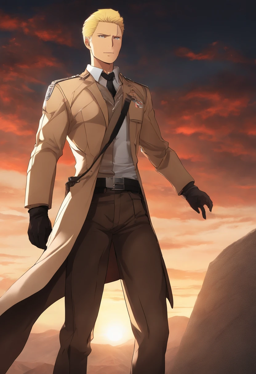 A photo of Reiner standing in front of a beautiful sunrise on top of a mountain, with a look of determination on his face.,Attack on Titan,Reiner Braun is tall, buff, with very short blonde hair and a very short stubble goatee, small amber eyes, thin eyebrows, very masculine features. Wears a long beige coat, white dress shirt, black tie, and a red armband with a white nine-pointed star on it. (Reiner Braun from Attack on Titan), male