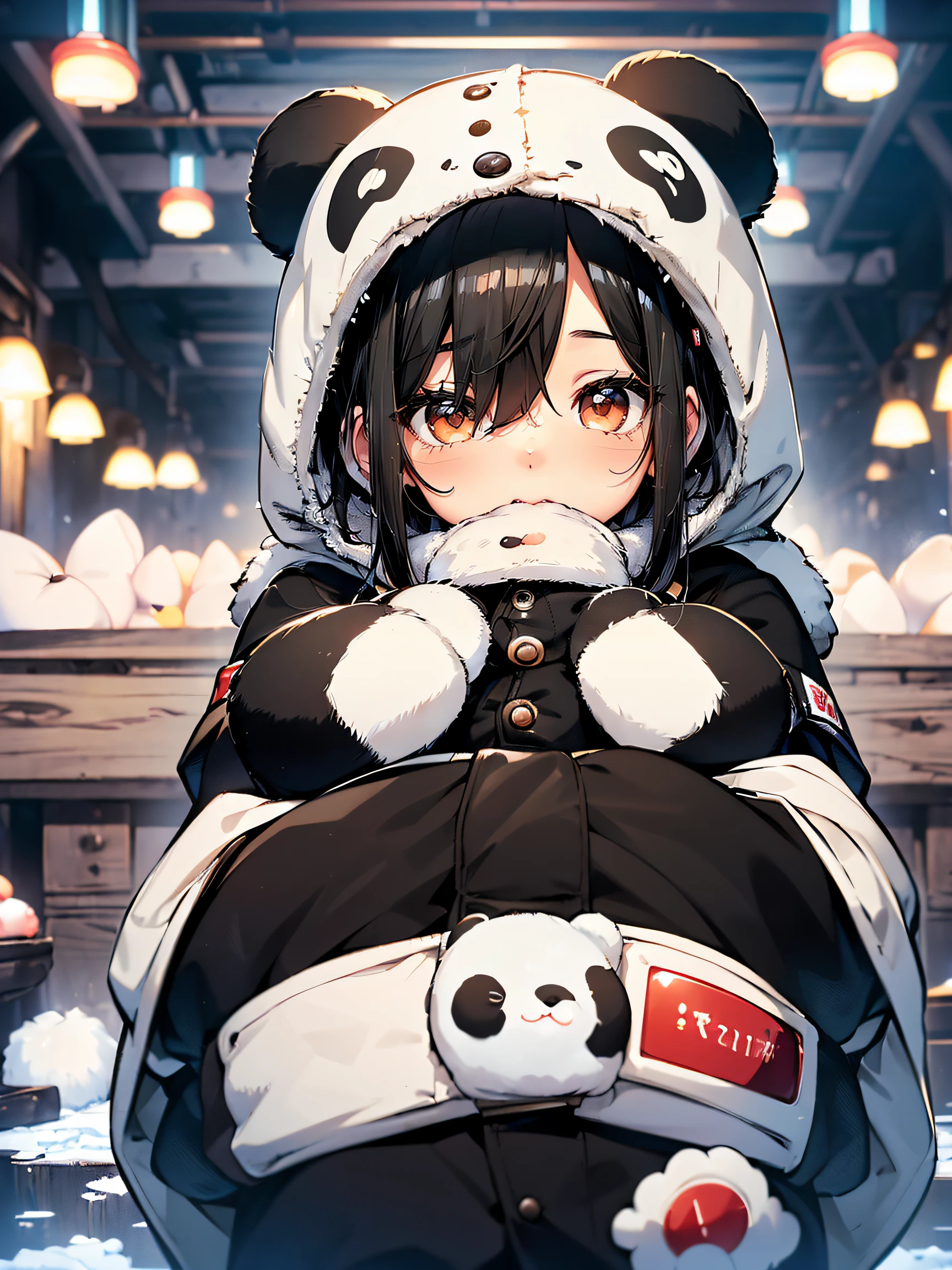 Anime girl with panda bear hoodie holding a stuffed animal SeaArt AI