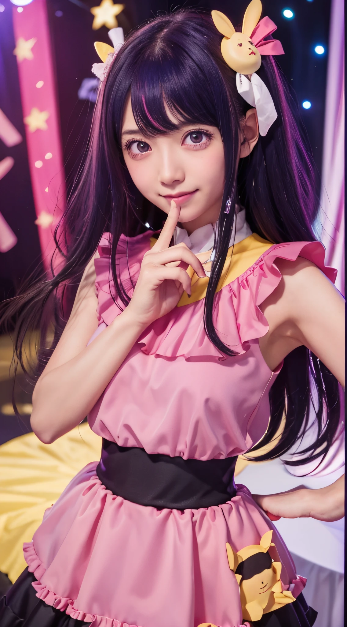 top-quality, 8K, ultra-detailliert, Photorealsitic, (1girl in,),Dancing,(((Ai Hoshino Dresses))),Six-pointed star in the eye,Microphone in right hand,((Colorful atmosphere)),Wink,(((cute-style))),((Saturated colors)),(Ai Hoshino),Big eyes,Eyes of Fantasy,Purple hair,Happy,Hair Accessories,((High quality)),touch pink and black dress,Anime Idol, Pretty Face, Japan Faces, 