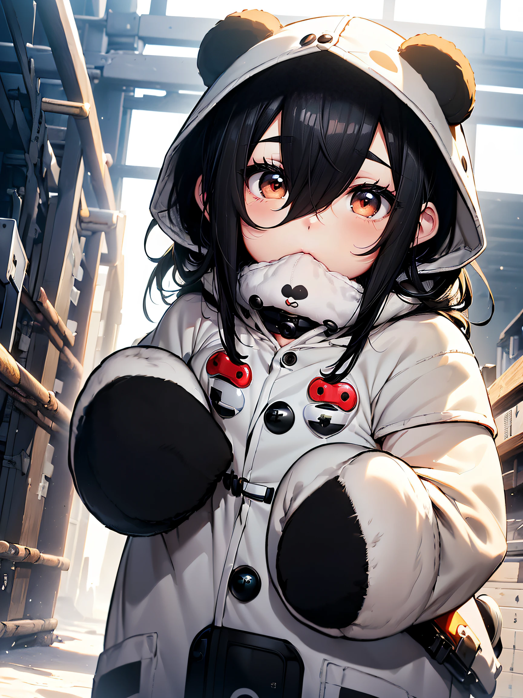 (panda kigurumi:1.2), (White and black hair:1.4), ((Front button, Cute and cozy):1.5), ((Short sleeves, mittens with footprints):1.2), (hood with ears and eyes:1.3), (Nose and Mouth:1.3),