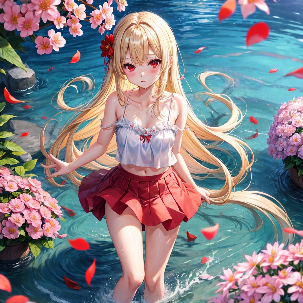 a blond、red eyes、1 pretty girl、animesque、lightly dressed、a miniskirt、flower petals、bare-legged、wetting hair、sullenness、Camisole-wearing、rainbows、Skip water