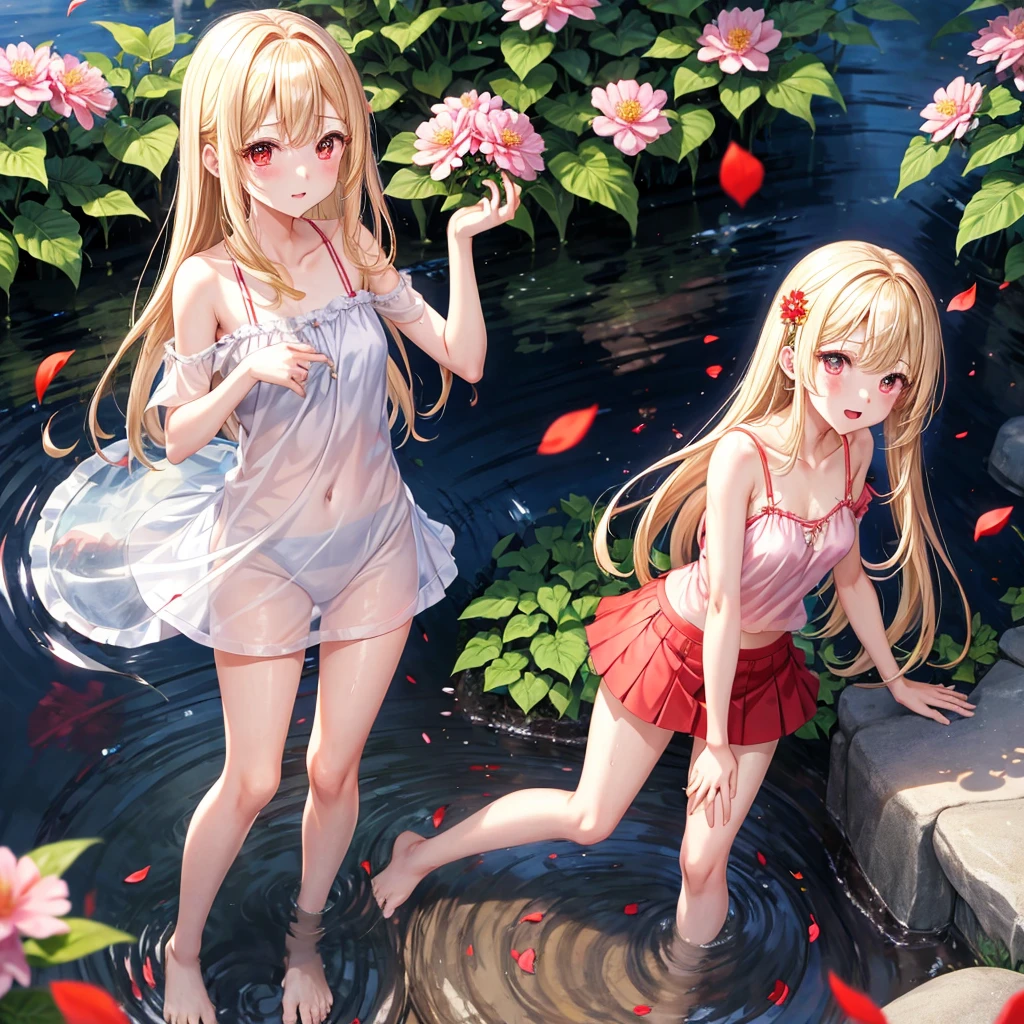 a blond、red eyes、1 pretty girl、animesque、lightly dressed、a miniskirt、flower petals、bare-legged、wetting hair、sullenness、Camisole-wearing、rainbows、Skip water