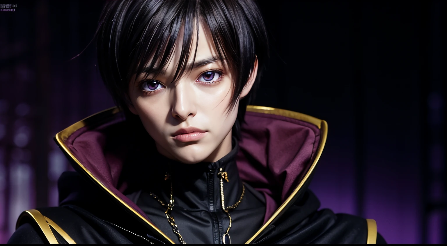 cosmieyes, in a dark forest with trees in the background,purple light shining, black and yellow outfit,black cape,cape, chain-link_fence, coat,gloves, lelouch_lamperouge,black_hair,purple_eyes,short hair, purple light in their eyes, detailed face, detailed eyes, portrait, boy