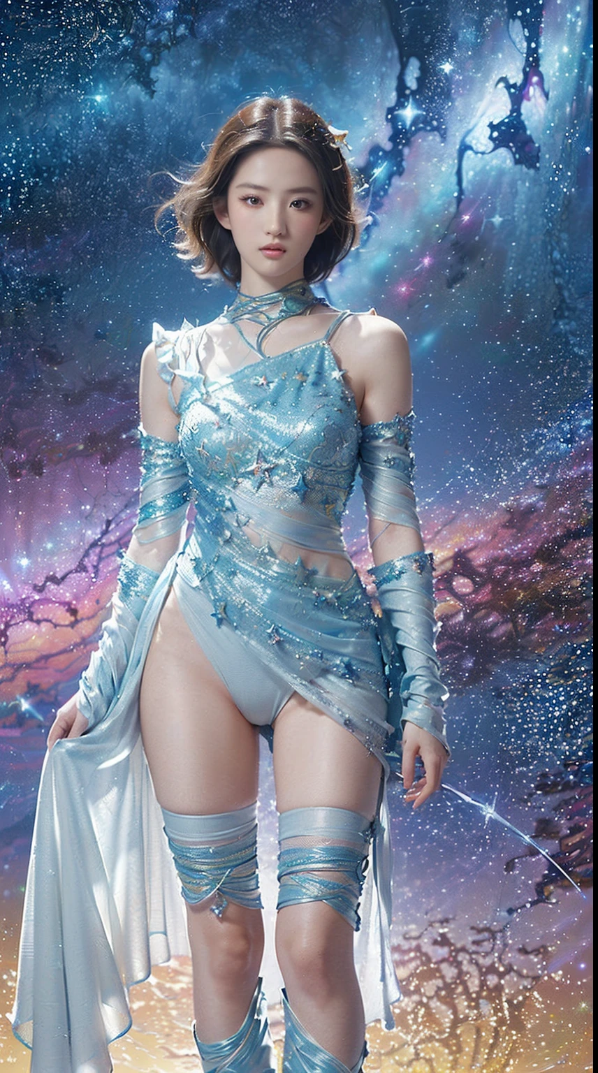 (tmasterpiece, top-quality, Best quality at best, offcial art, Beautiful and beautiful:1.2), (Girl in perfect shape:1.3), pale-skinned,short detailed hair,Microvolumes,The content is very detailed,(s fractal art:1.2),Colorful,The most detailed,(tangled:1.2), (dynamicposes), (abstract backgrounds:1.5), (future world clothing:1.2), (stars shining bright:1.4),thigh high
