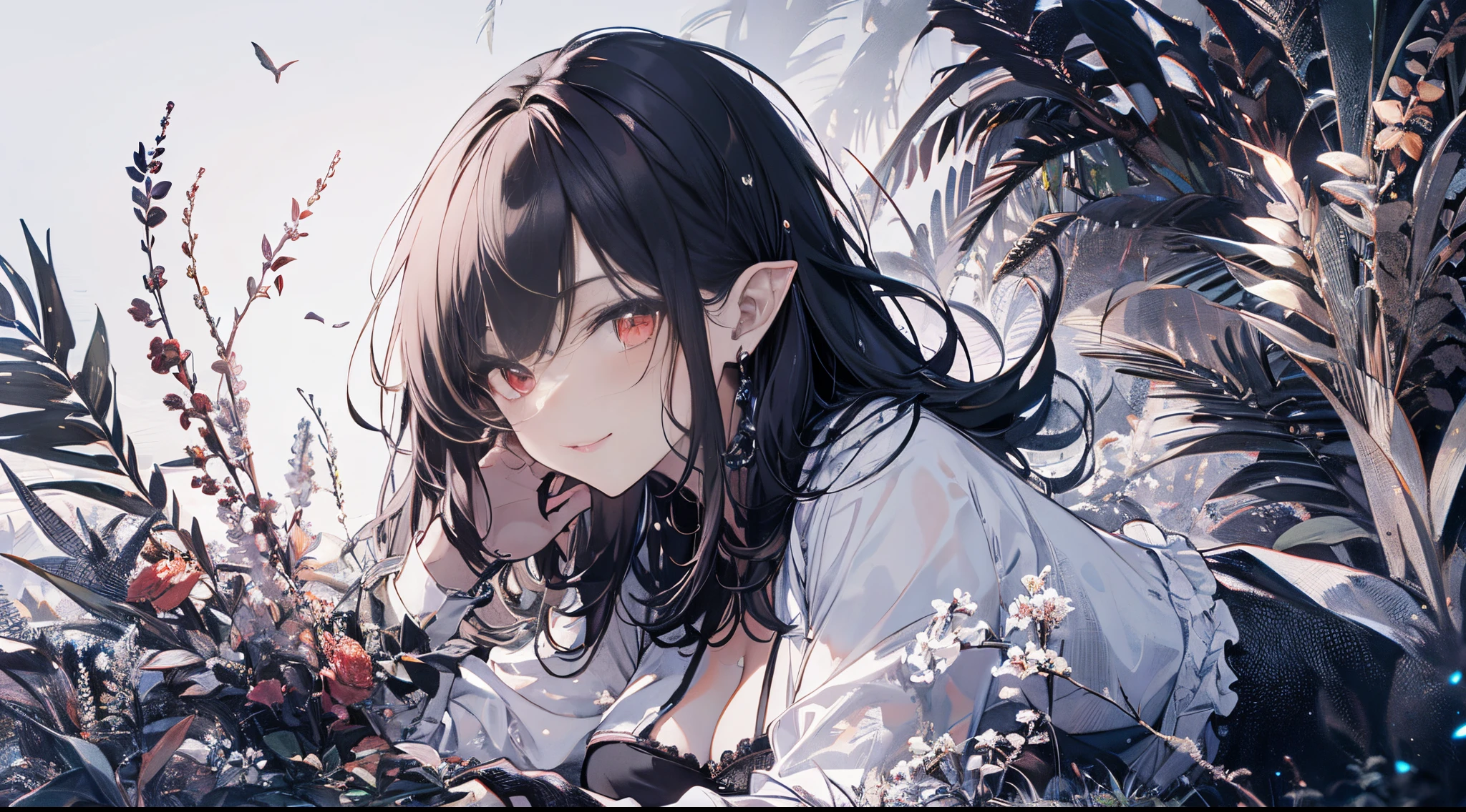 ((tmasterpiece:1.4,Best quality at best))+,(hyper-detailing)+,(詳細な目:1.5)+,(pointy ears:1.5),(cute girls),(Golden-red eyes:1.5),(cabelos preto e longos:1.5),(wariza:1.2),pale-skinned,Seductive smile,black crystal block,Red crystal on forehead,(White maid outfit:1.5),(black ribbon,White stockings,White apron:1.4),dense fog,Stand up and salute,metal chains,Black silk gloves,Ice compress cleaning effect,country estate,wheat field,tropical garden,(Classical maid:1.1),(dawn light:1.2),(Thick black and white:1.16),(depth of fields:1.4),Complicated details,color mixing,Detailed route,Excellent,super detailing,The content is very detailed,(hight contrast:1.11),ventania,Amazing cleavage,beautidful eyes,messy hair,(best illuminate,Extremely Delicately Beautiful), ((movie light lighting)), (seen from the side:1.3),8K,tmasterpiece,Best quality at best,cinematic Film still from,1 plump girl,(Close-up cleavage:1.1),bright,Interesting,gentlesoftlighting,(bauhause,shape,line engineering,Abstract:1.1)offcial art, Unity 8k壁纸, ultra - detailed, Beautiful and beautiful, tmasterpiece, Best quality at best, (dynamic angle:1.4),PerfectNwsjMajic,(tmasterpiece,top-quality,Best quality at best,offcial art,Beauty and aesthetics:1.2),The content is very detailed,rich colourful,highest details,